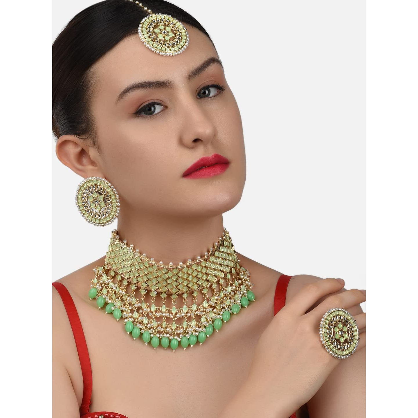 ZAVERI PEARLS Green Bridal Kundan Choker Necklace Earring Maangtikka & Ring Set For Women-ZPFK11420