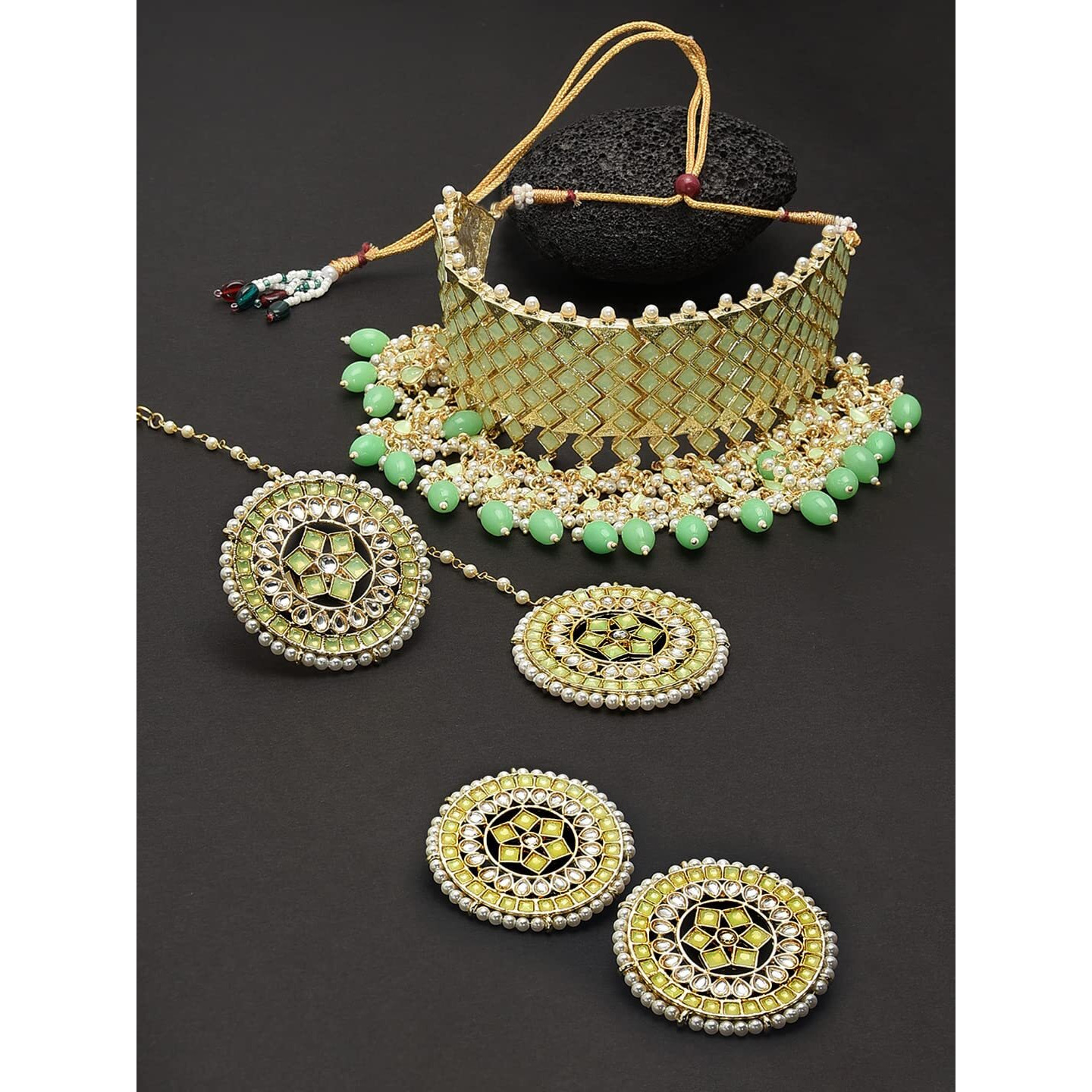 ZAVERI PEARLS Green Bridal Kundan Choker Necklace Earring Maangtikka & Ring Set For Women-ZPFK11420