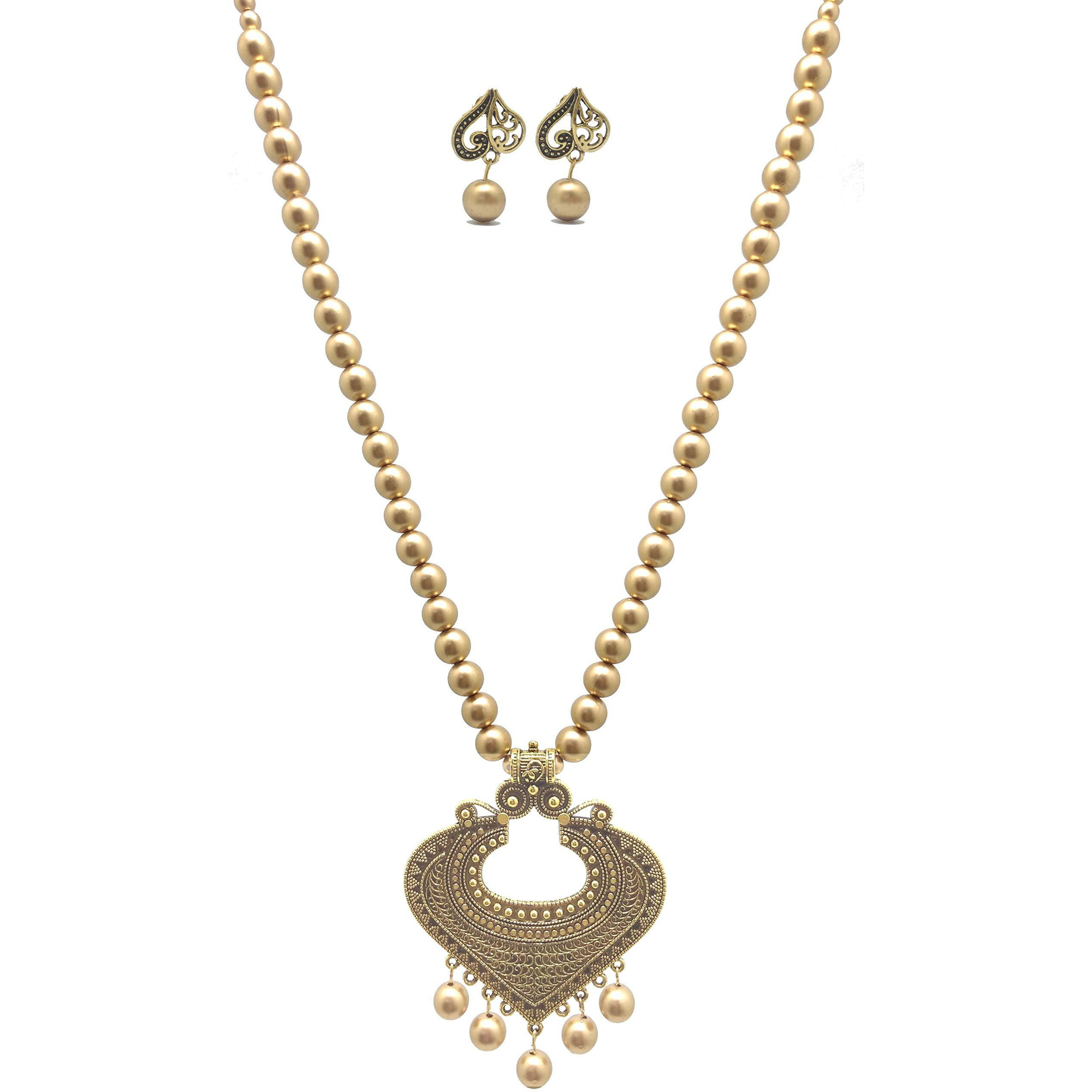 MDS FASHIONS Plastic Copper Color Beads with Antique Dollar & Earring Set for Beautiful Woman (MDS-1053) (Heart)