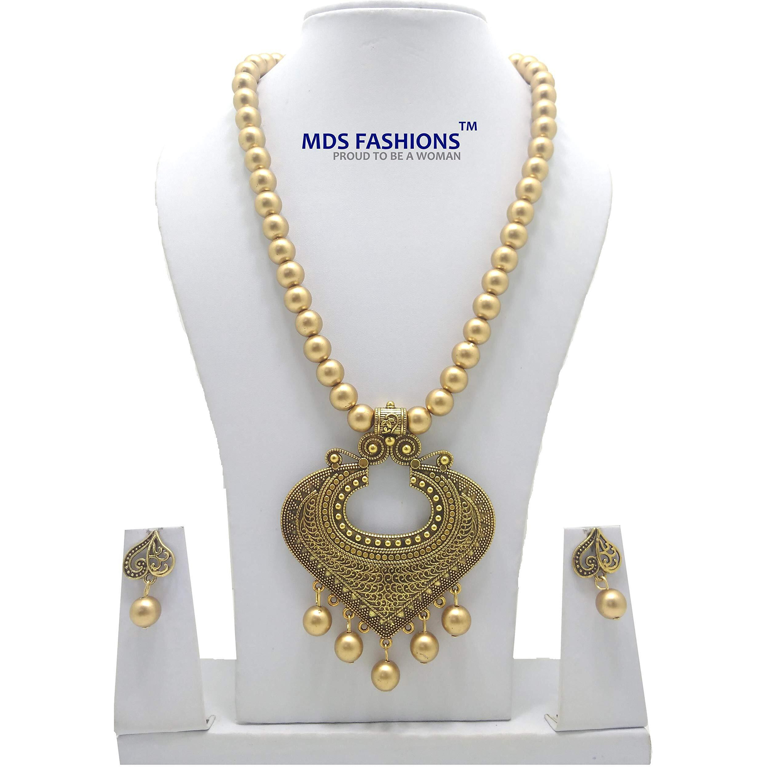 MDS FASHIONS Plastic Copper Color Beads with Antique Dollar & Earring Set for Beautiful Woman (MDS-1053) (Heart)