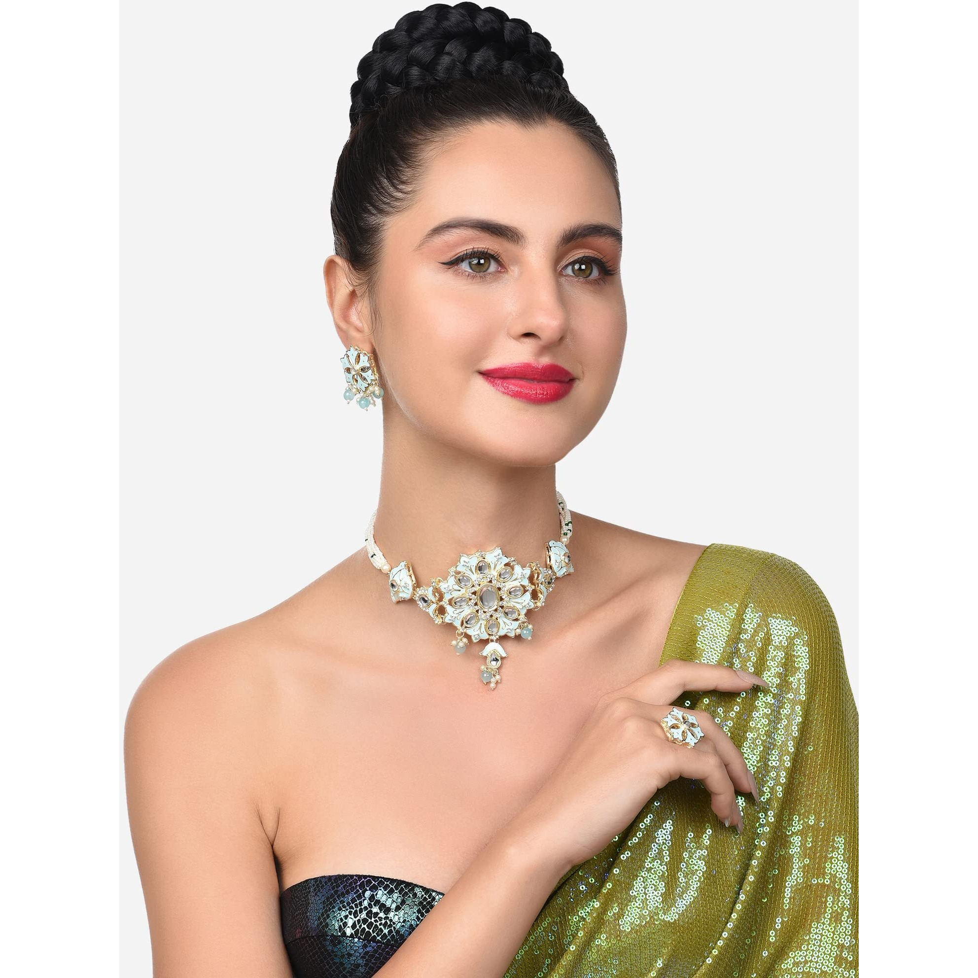 ZAVERI PEARLS Turquoise Meenakari Multistrand Kundan Choker Necklace Earring & Ring Set For Women-ZPFK13655