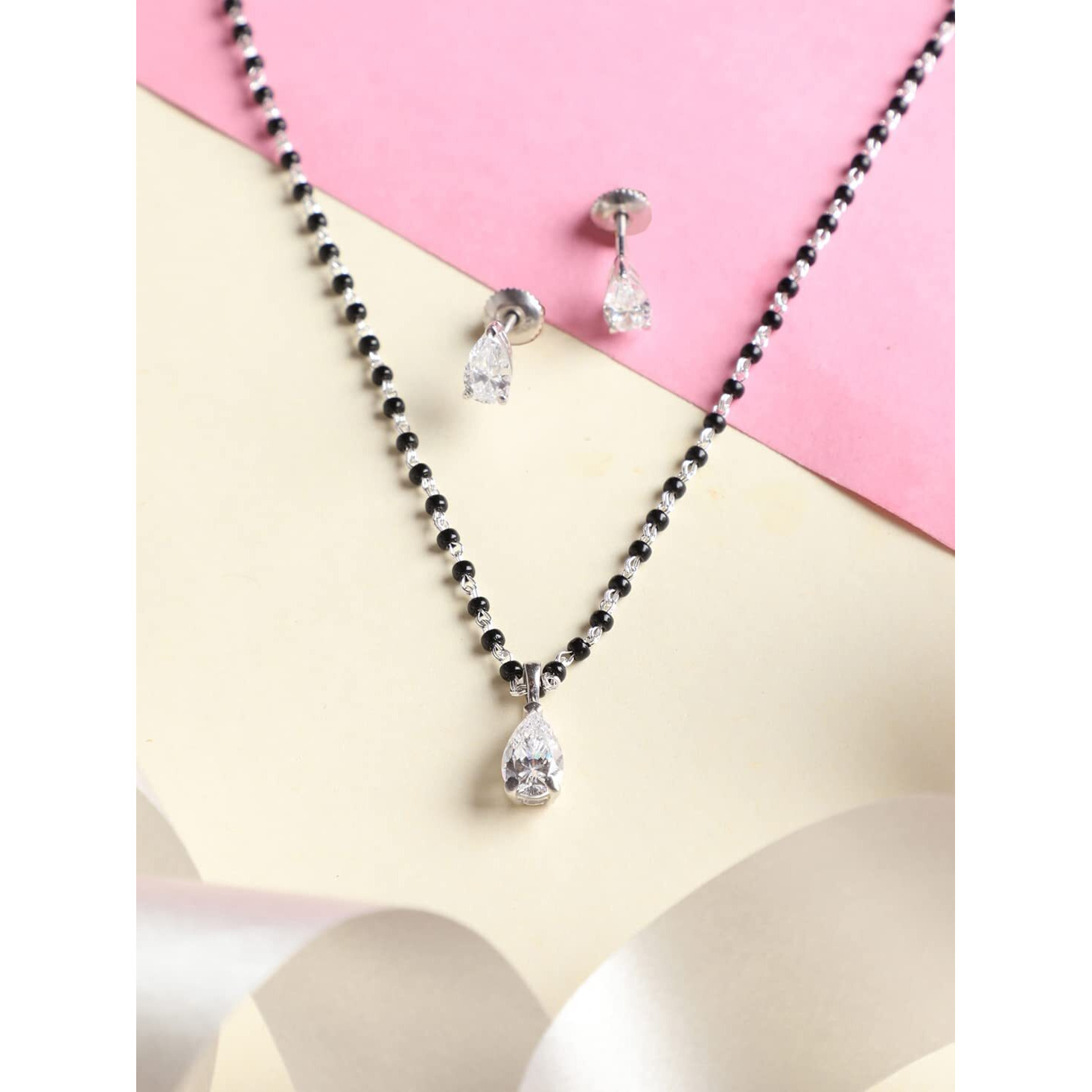 Clara 925 Sterling Silver Pear Mangalsutra Tanmaniya Pendant Earring Jewellery set With Chain Gift for Women and Girls
