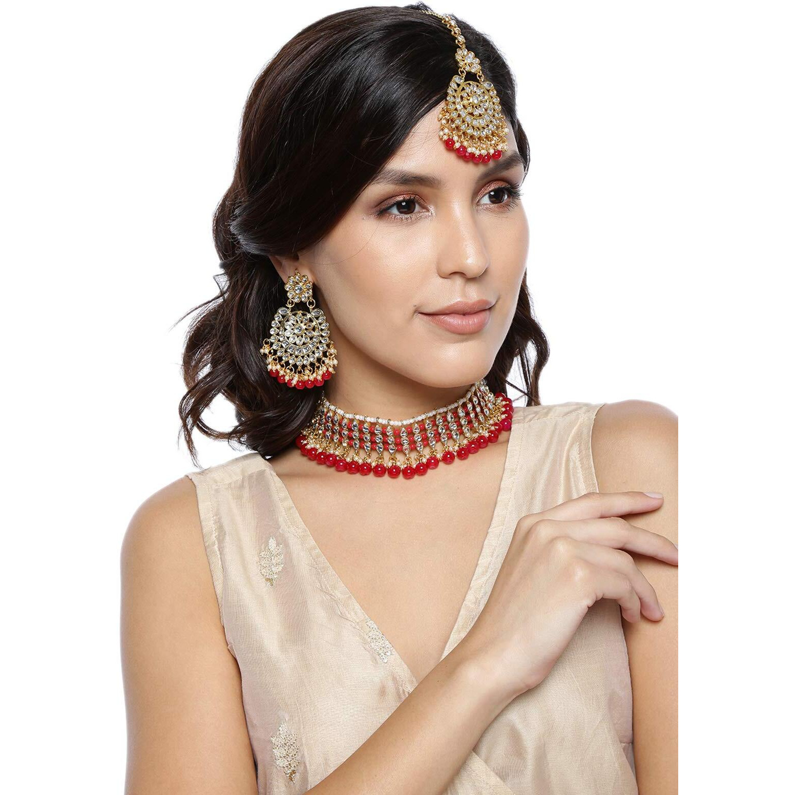 ZAVERI PEARLS Gold And Red Ethnic Choker Necklace Set For Women-ZPFK9010