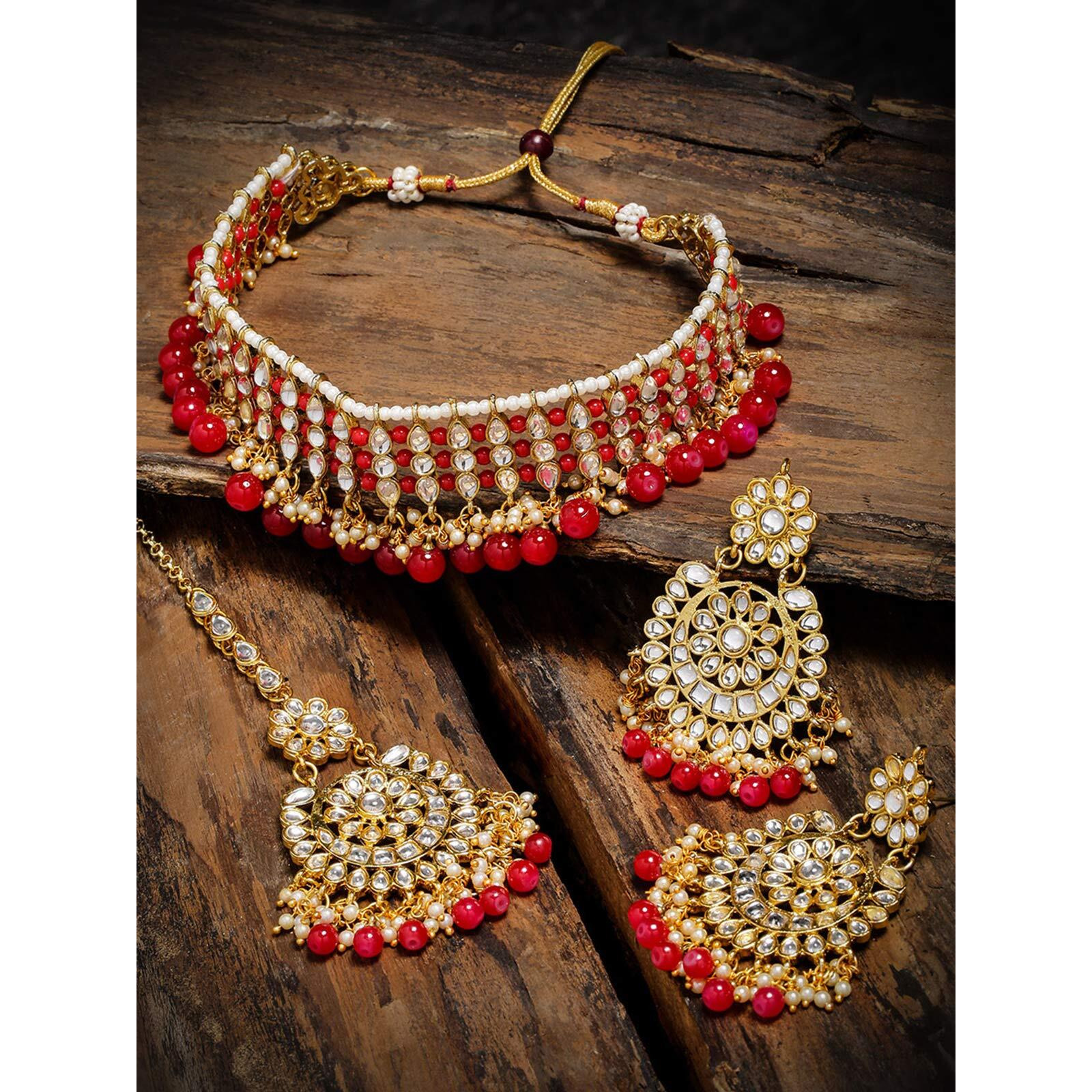 ZAVERI PEARLS Gold And Red Ethnic Choker Necklace Set For Women-ZPFK9010
