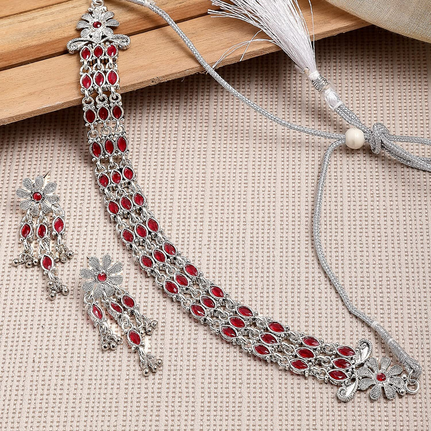 ZENEME Fashion Jewellery Antique Oxidised Silver Plated Red American Daimond Studded Light Weight Choker Necklace With Earrings Jewellery For Women & Girls (RED)