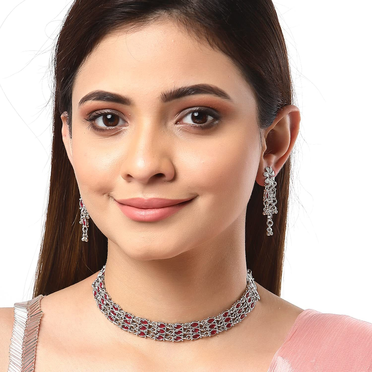 ZENEME Fashion Jewellery Antique Oxidised Silver Plated Red American Daimond Studded Light Weight Choker Necklace With Earrings Jewellery For Women & Girls (RED)