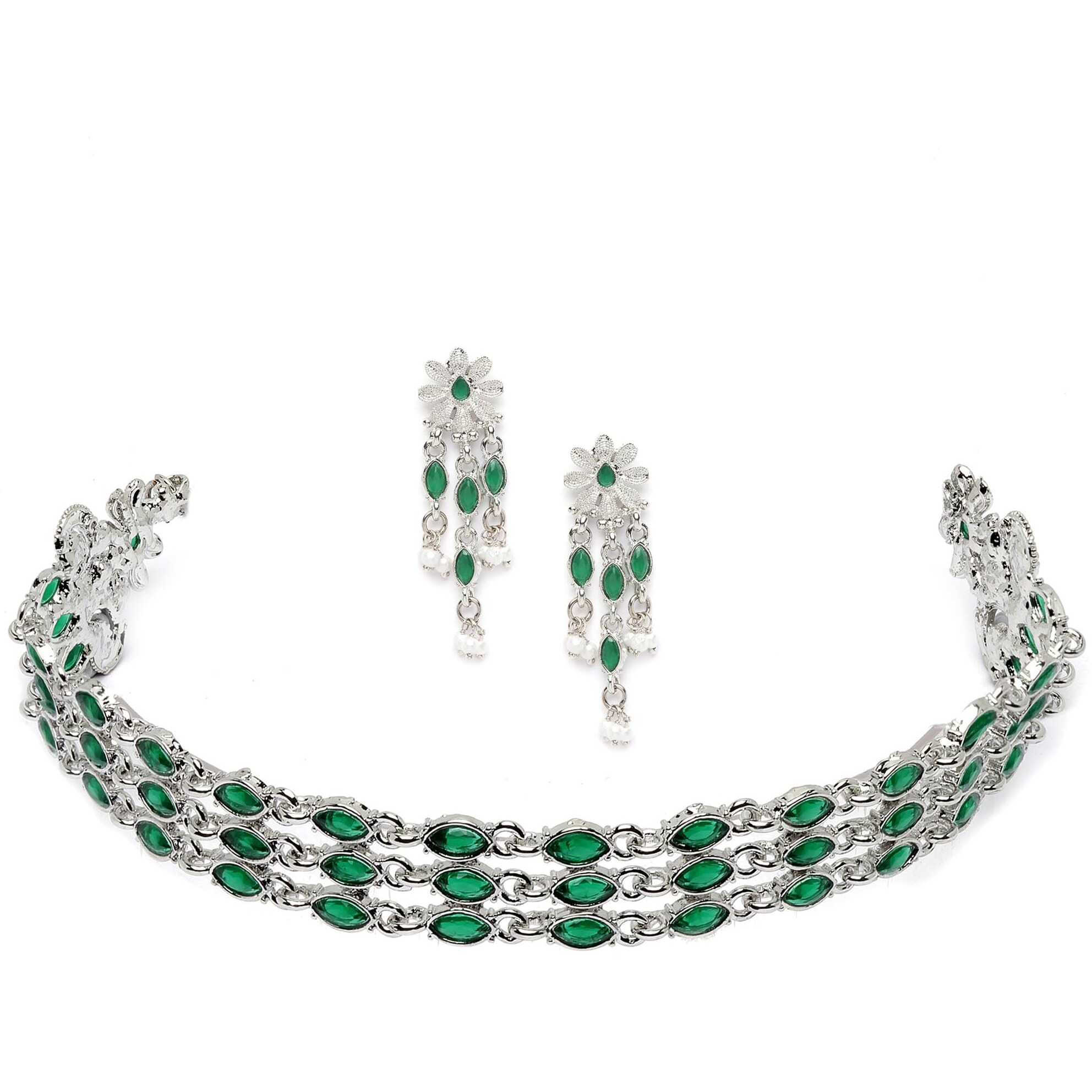 ZENEME Fashion Jewellery Antique Oxidised Silver Plated Red American Daimond Studded Light Weight Choker Necklace With Earrings Jewellery For Women & Girls (GREEN)