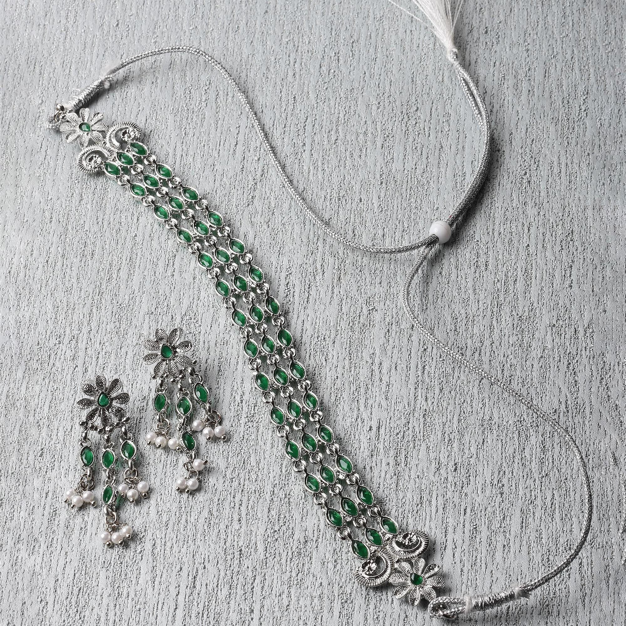 ZENEME Fashion Jewellery Antique Oxidised Silver Plated Red American Daimond Studded Light Weight Choker Necklace With Earrings Jewellery For Women & Girls (GREEN)