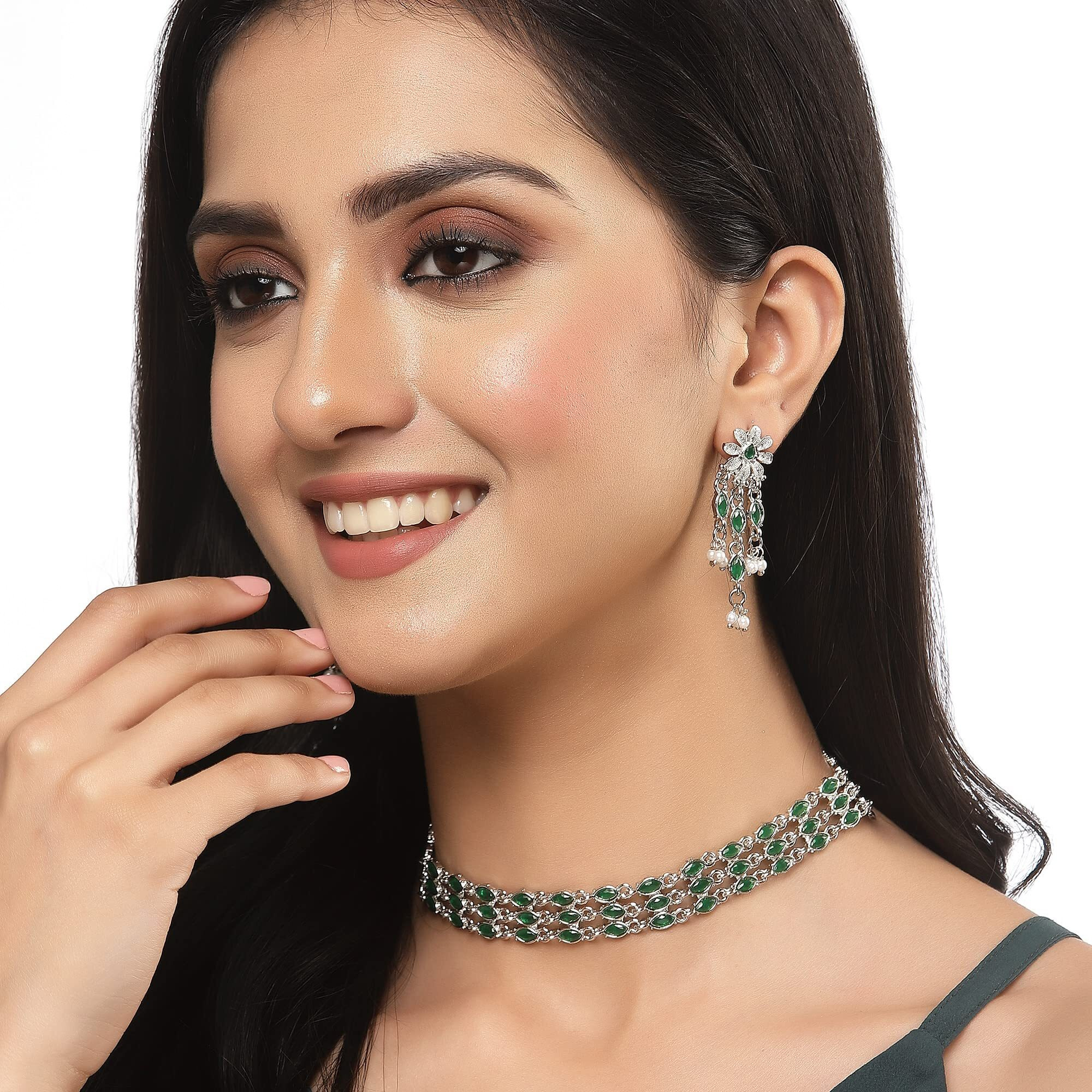 ZENEME Fashion Jewellery Antique Oxidised Silver Plated Red American Daimond Studded Light Weight Choker Necklace With Earrings Jewellery For Women & Girls (GREEN)