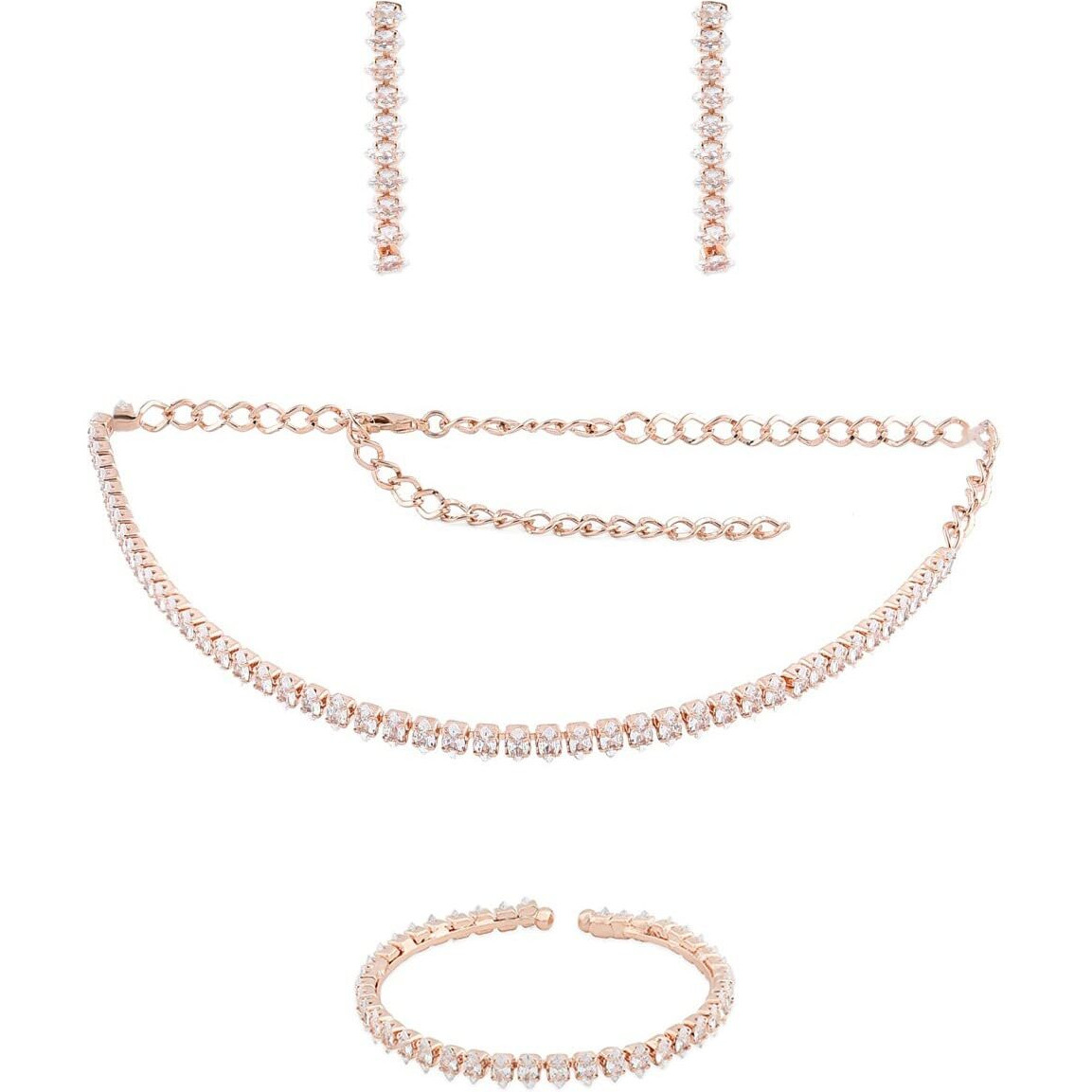 ZAVERI PEARLS Rose Gold Marquise Shaped Cubic Zirconia Necklace Earring & Bracelet Set For Women-ZPFK12572