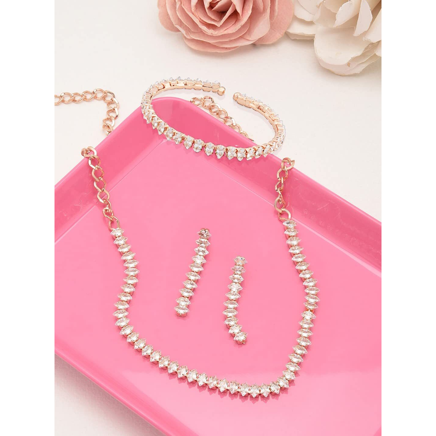 ZAVERI PEARLS Rose Gold Marquise Shaped Cubic Zirconia Necklace Earring & Bracelet Set For Women-ZPFK12572