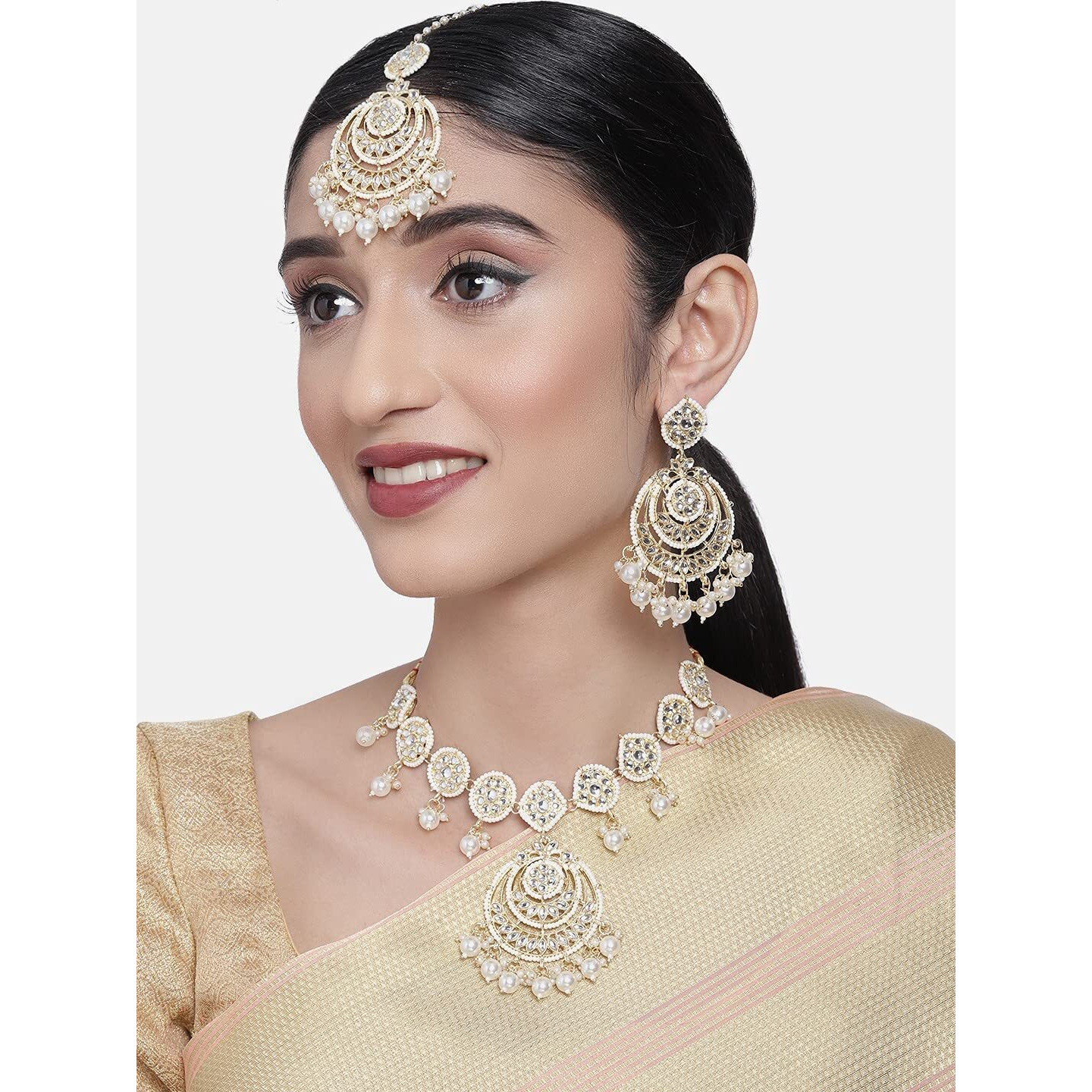 ZAVERI PEARLS Gold Tone Wedding Collection Kundan Choker Necklace Earring & Maangtikka Set For Women-ZPFK10302