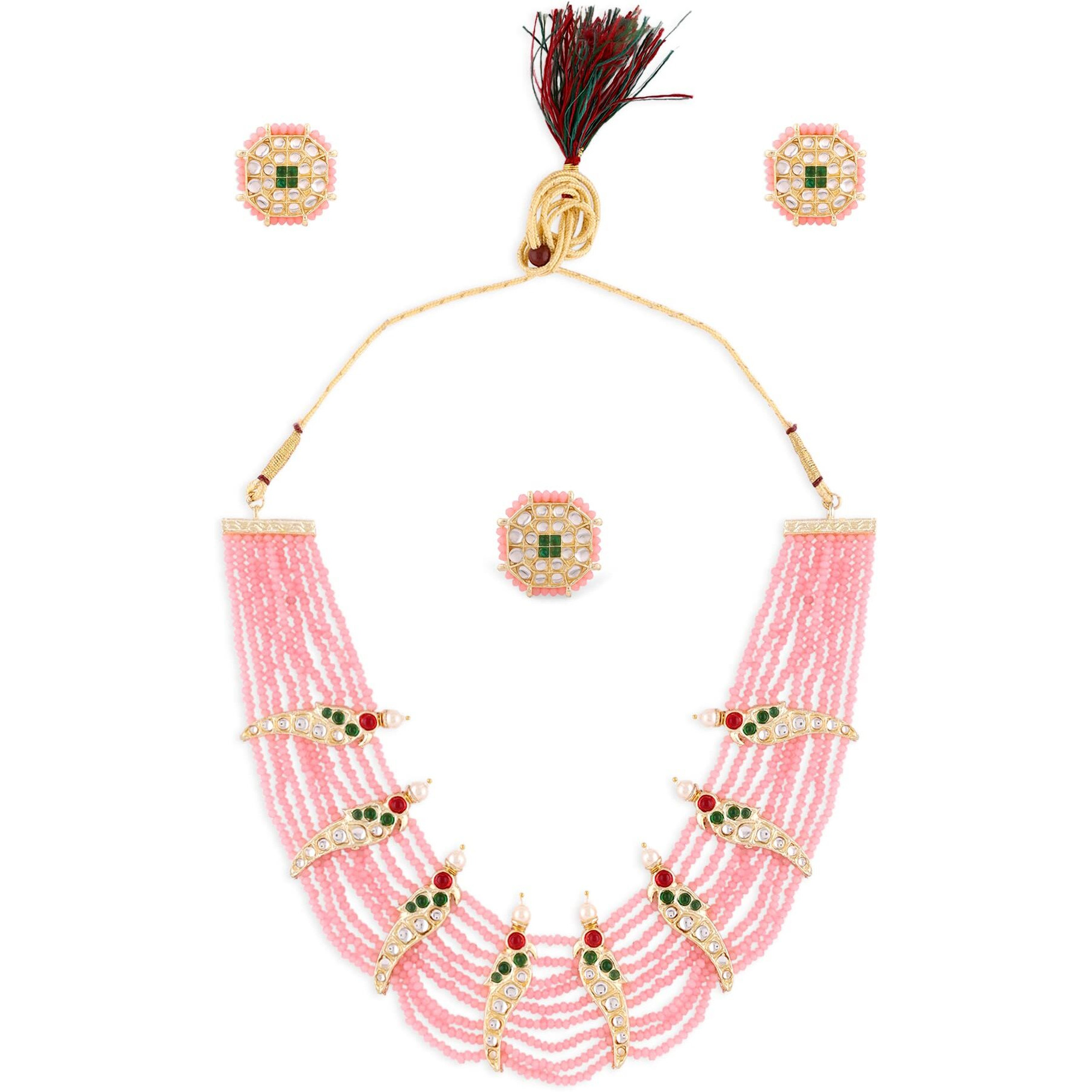 ZAVERI PEARLS Green & Pink Crystals Beaded Multistrand Parrot Choker Necklace Earring & Ring Set For Women-ZPFK14441
