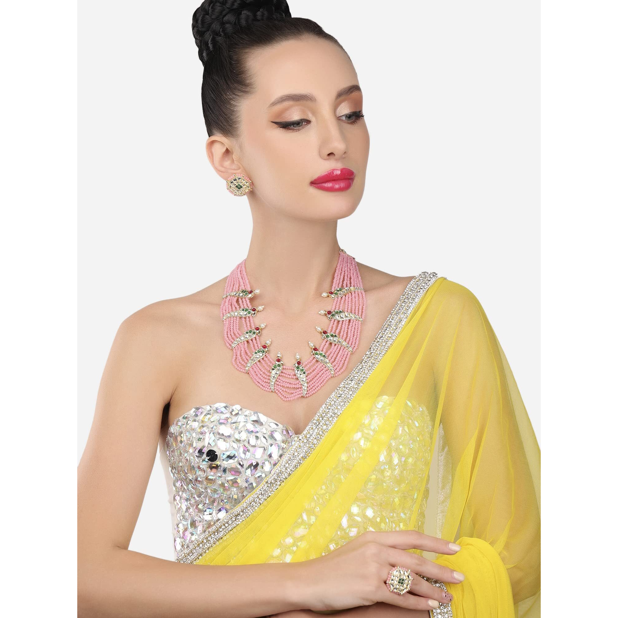 ZAVERI PEARLS Green & Pink Crystals Beaded Multistrand Parrot Choker Necklace Earring & Ring Set For Women-ZPFK14441