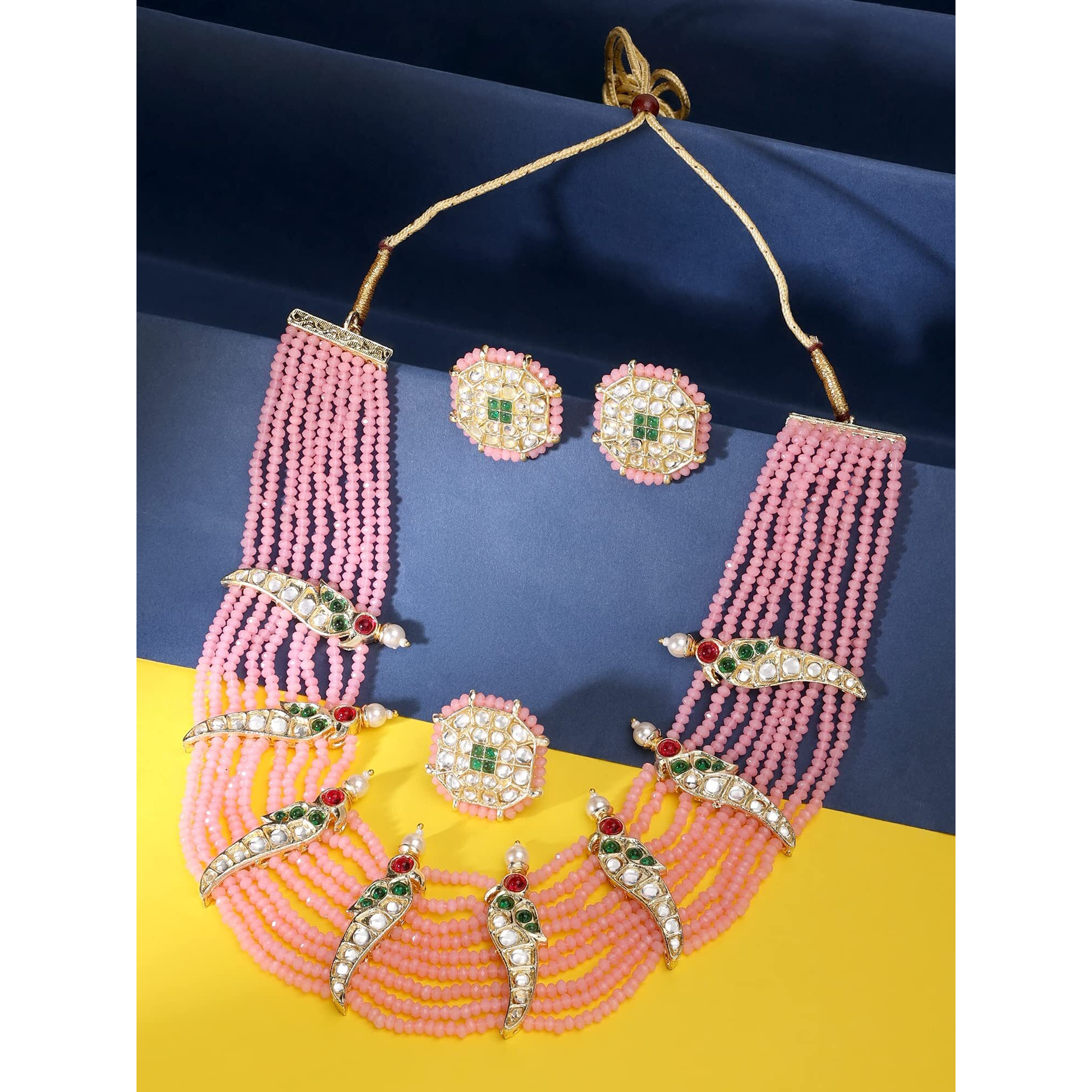 ZAVERI PEARLS Green & Pink Crystals Beaded Multistrand Parrot Choker Necklace Earring & Ring Set For Women-ZPFK14441