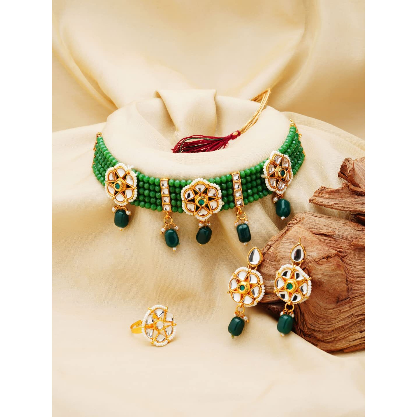 ZAVERI PEARLS Green Multistrand Beaded Kundan Choker Necklace Earring & Ring Set For Women-ZPFK11005