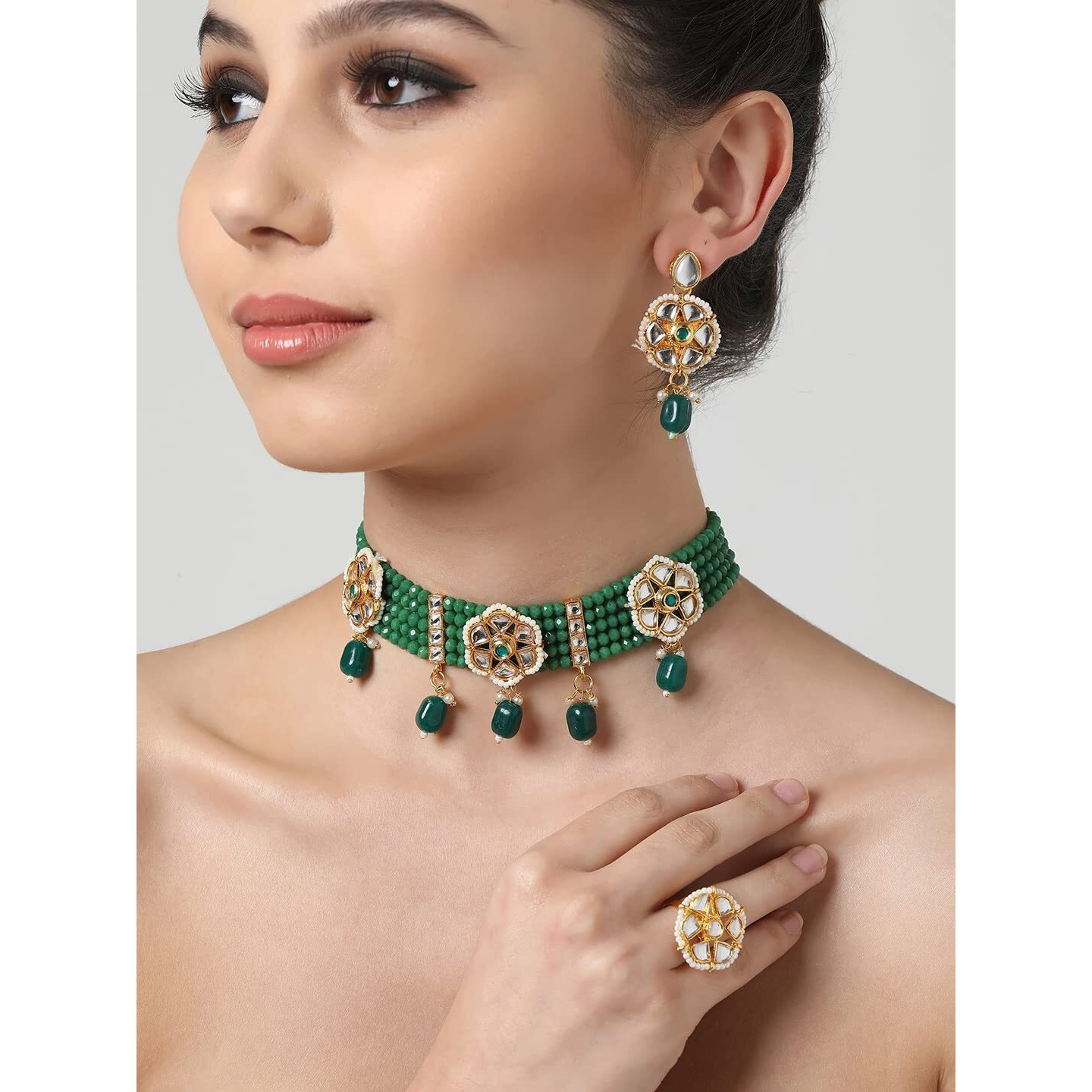 ZAVERI PEARLS Green Multistrand Beaded Kundan Choker Necklace Earring & Ring Set For Women-ZPFK11005