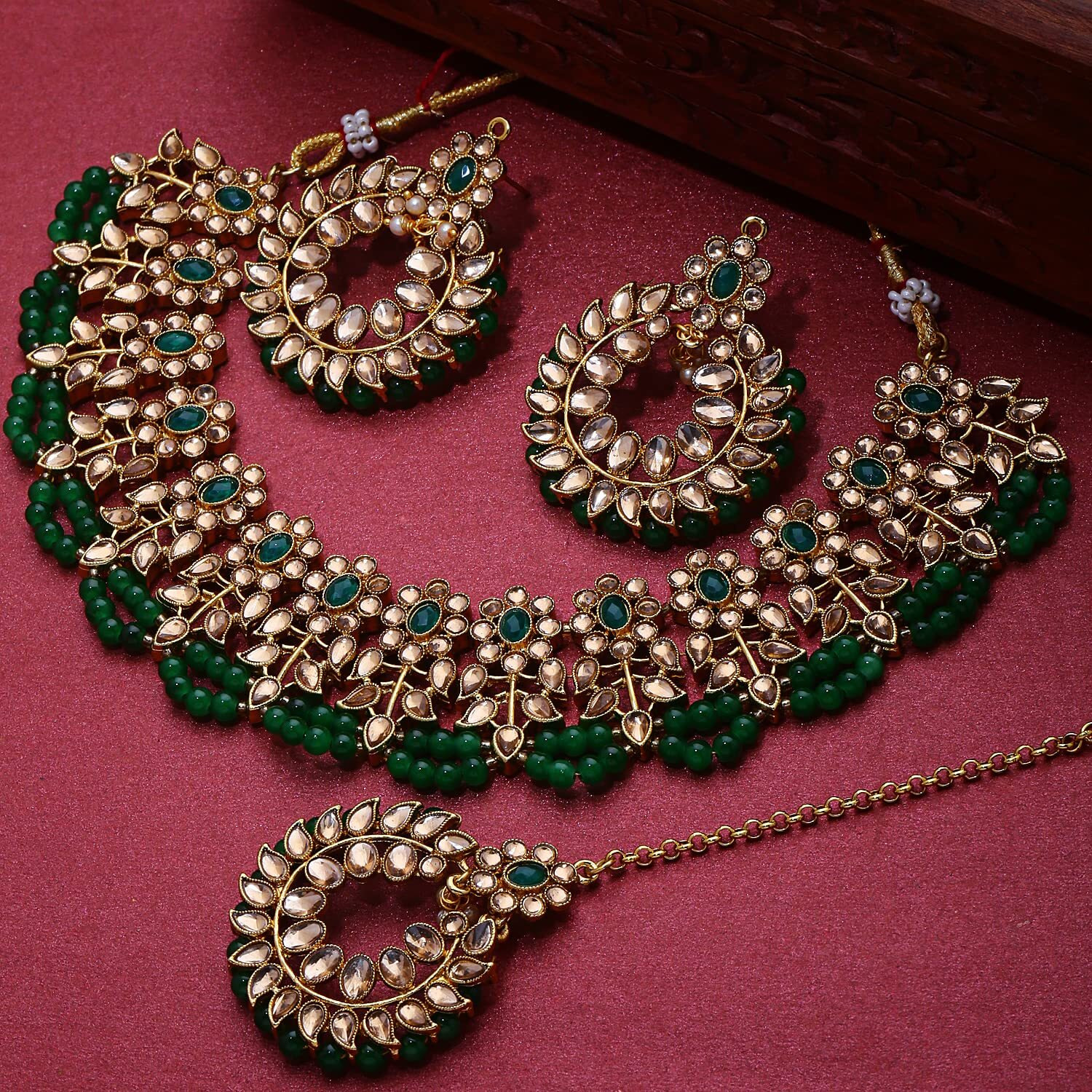 Shining Diva Fashion Latest Stylish Fancy Choker Traditional Kundan Necklace Jewellery Set for Women (11597s), Green