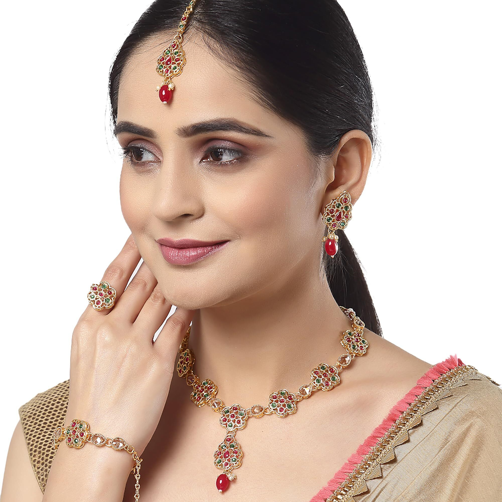 ZENEME Jewellery Sets for Women Gold Plated Bridal Necklace Set With Earrings and MaangTikka Ring For Wedding Jewellery Women & Girls (Multi)