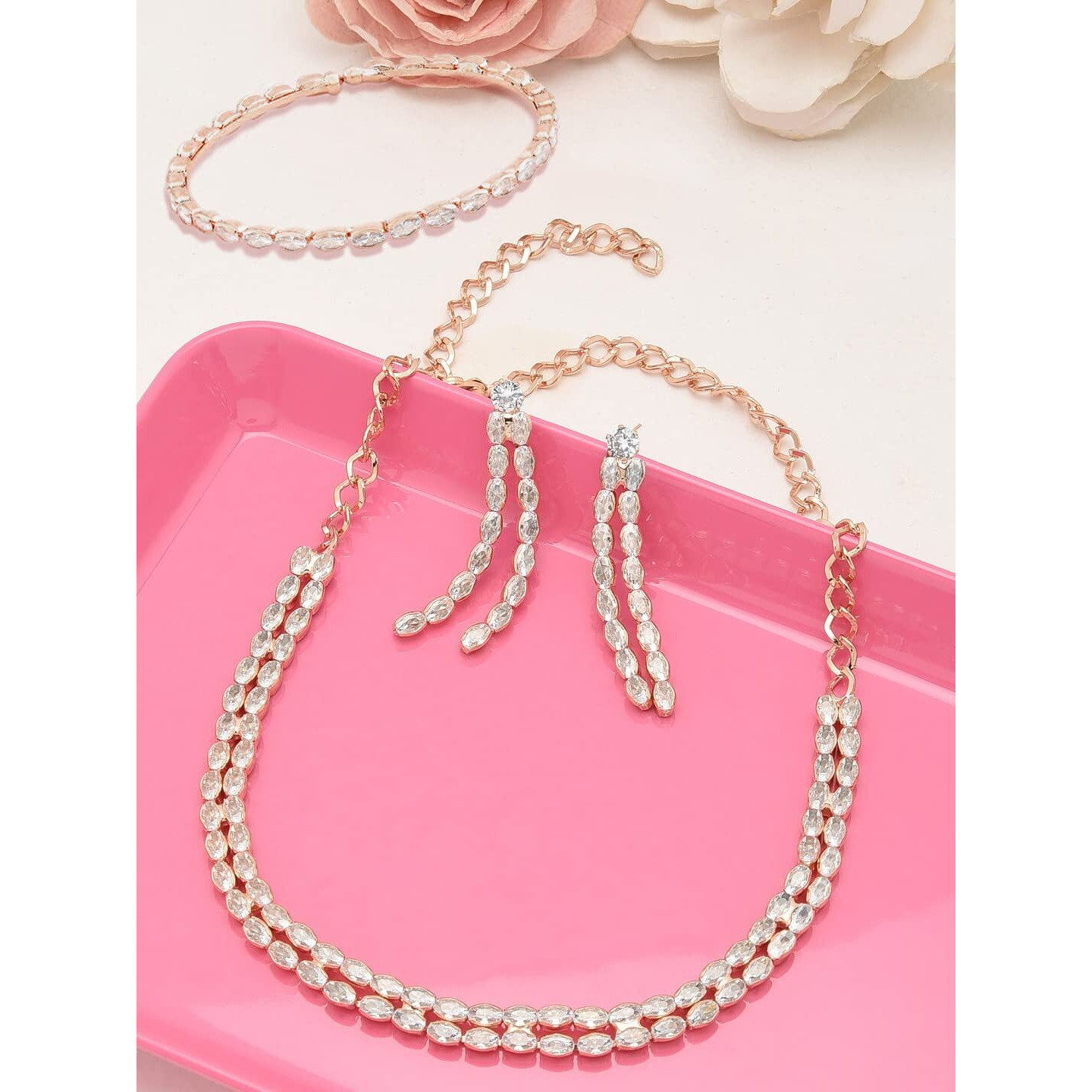 ZAVERI PEARLS Rose Gold Dazzling Cubic Zirconia 2 Strands Necklace Earring & Bracelet Set For Women-ZPFK12571