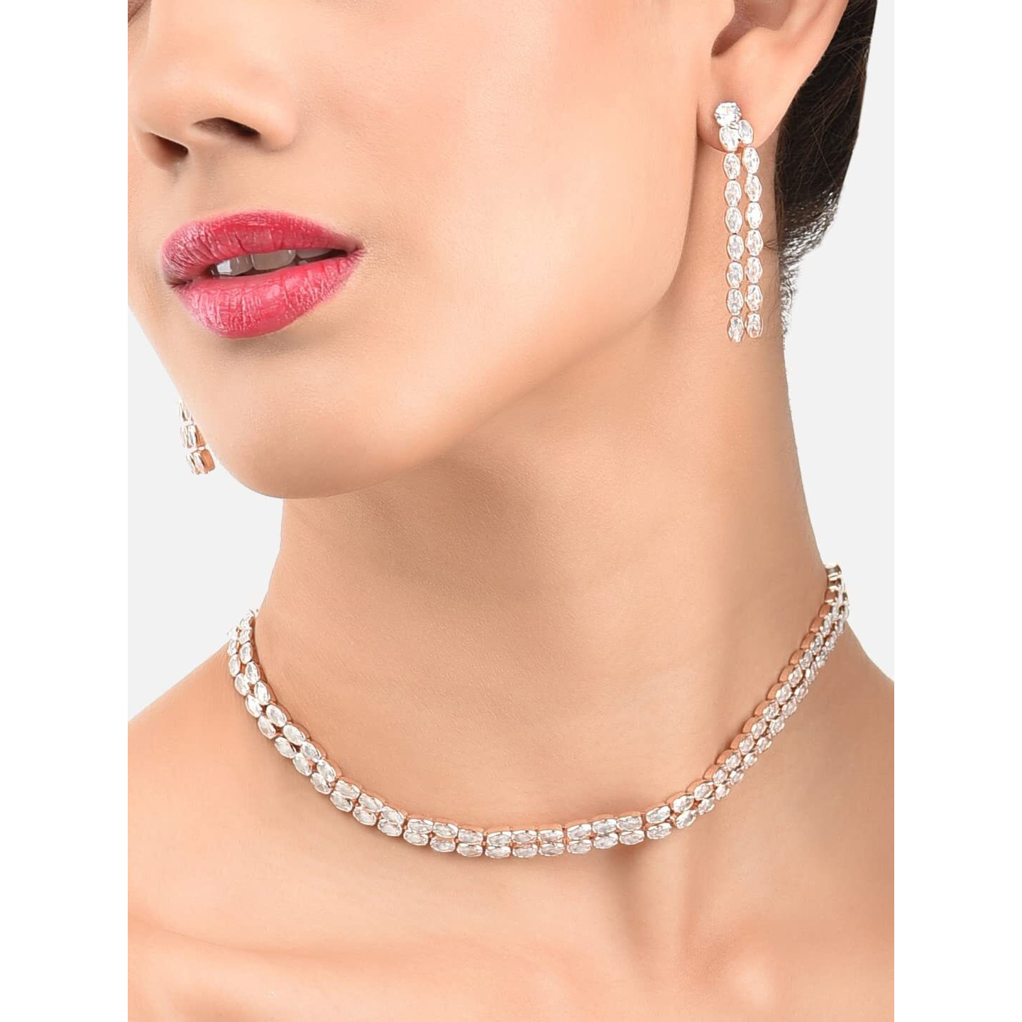 ZAVERI PEARLS Rose Gold Dazzling Cubic Zirconia 2 Strands Necklace Earring & Bracelet Set For Women-ZPFK12571