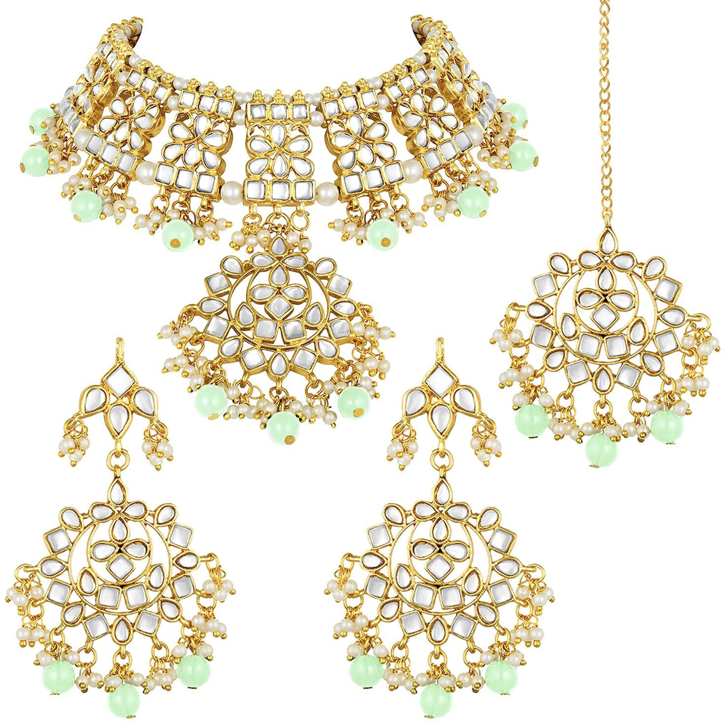 Peora Gold Plated Traditional Kundan Long Necklace Jewellery Set with Earring Maang Tikka for Women Girls (Mint)