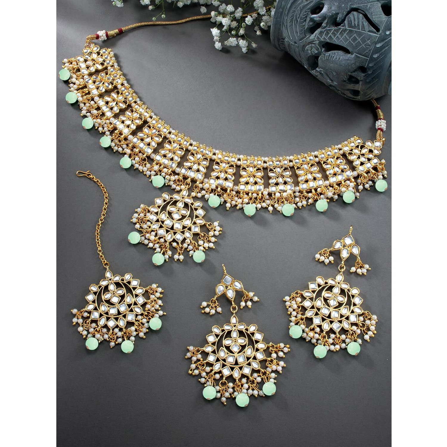 Peora Gold Plated Traditional Kundan Long Necklace Jewellery Set with Earring Maang Tikka for Women Girls (Mint)