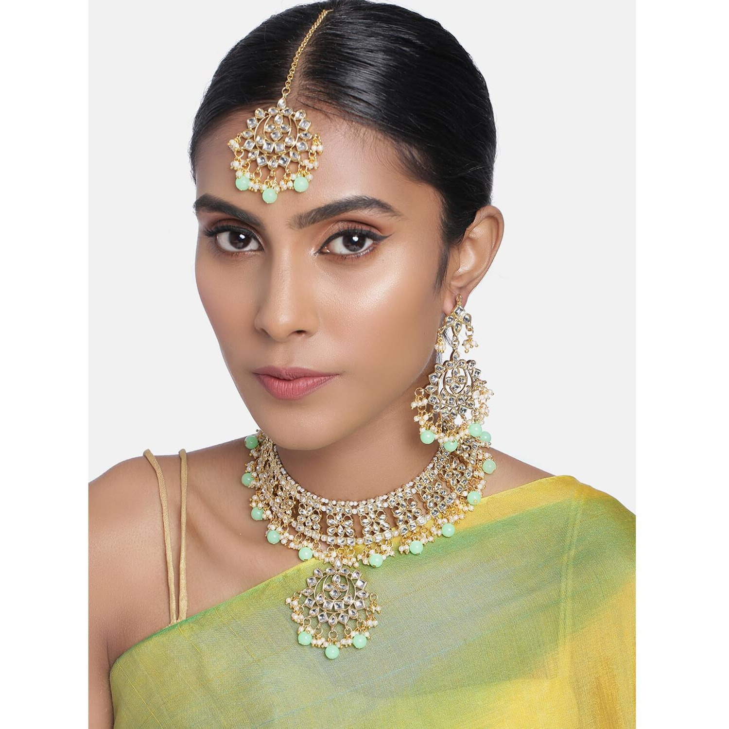 Peora Gold Plated Traditional Kundan Long Necklace Jewellery Set with Earring Maang Tikka for Women Girls (Mint)