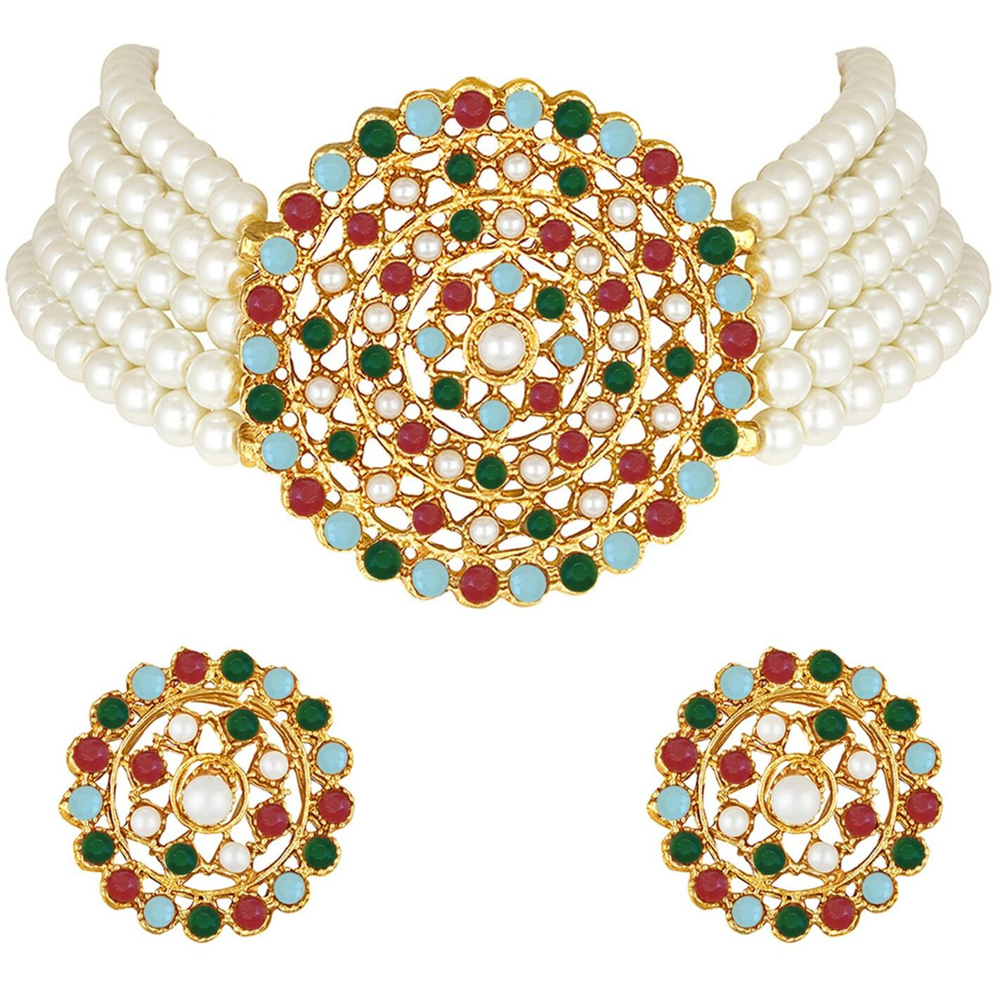Peora Gold Plated Pearl Diamond Kundan Choker Necklace with Round Earrings Traditional Jewellery Set (White-Multi) For Womens