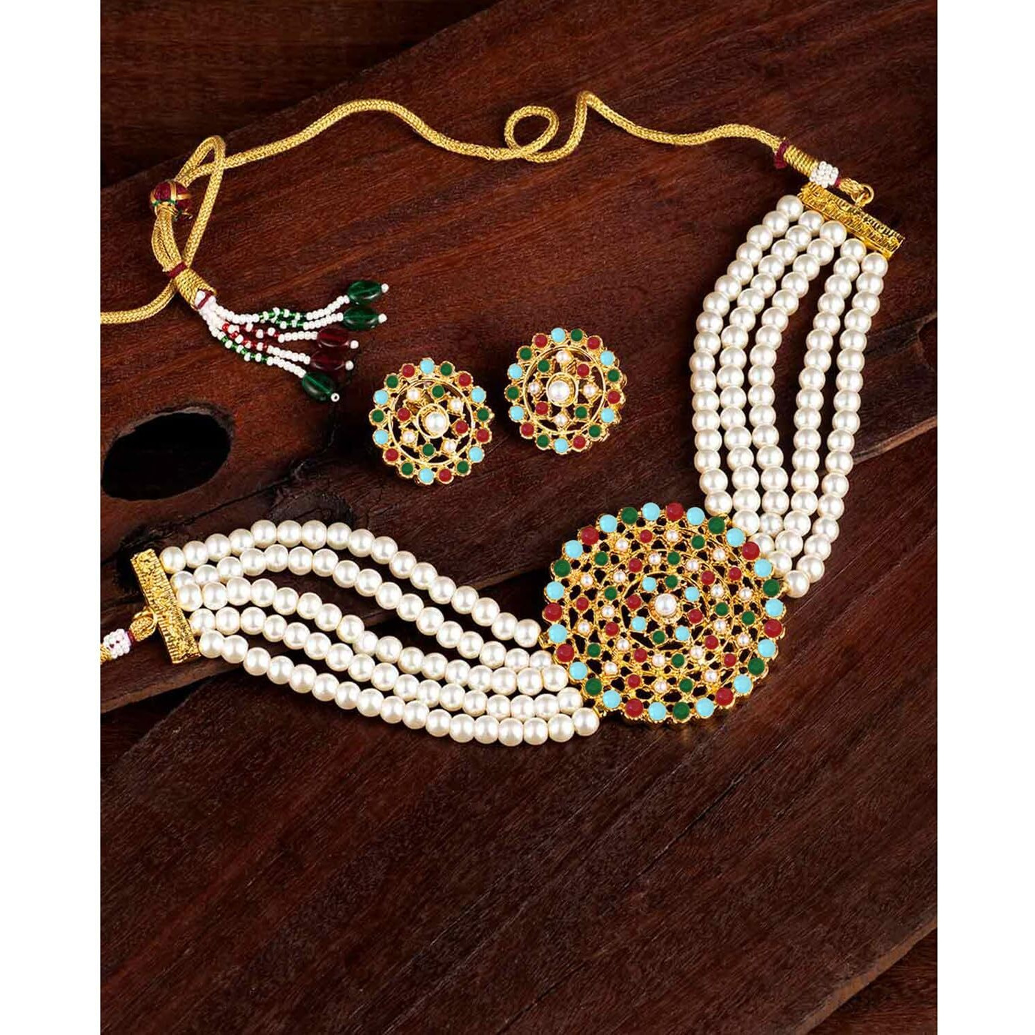 Peora Gold Plated Pearl Diamond Kundan Choker Necklace with Round Earrings Traditional Jewellery Set (White-Multi) For Womens