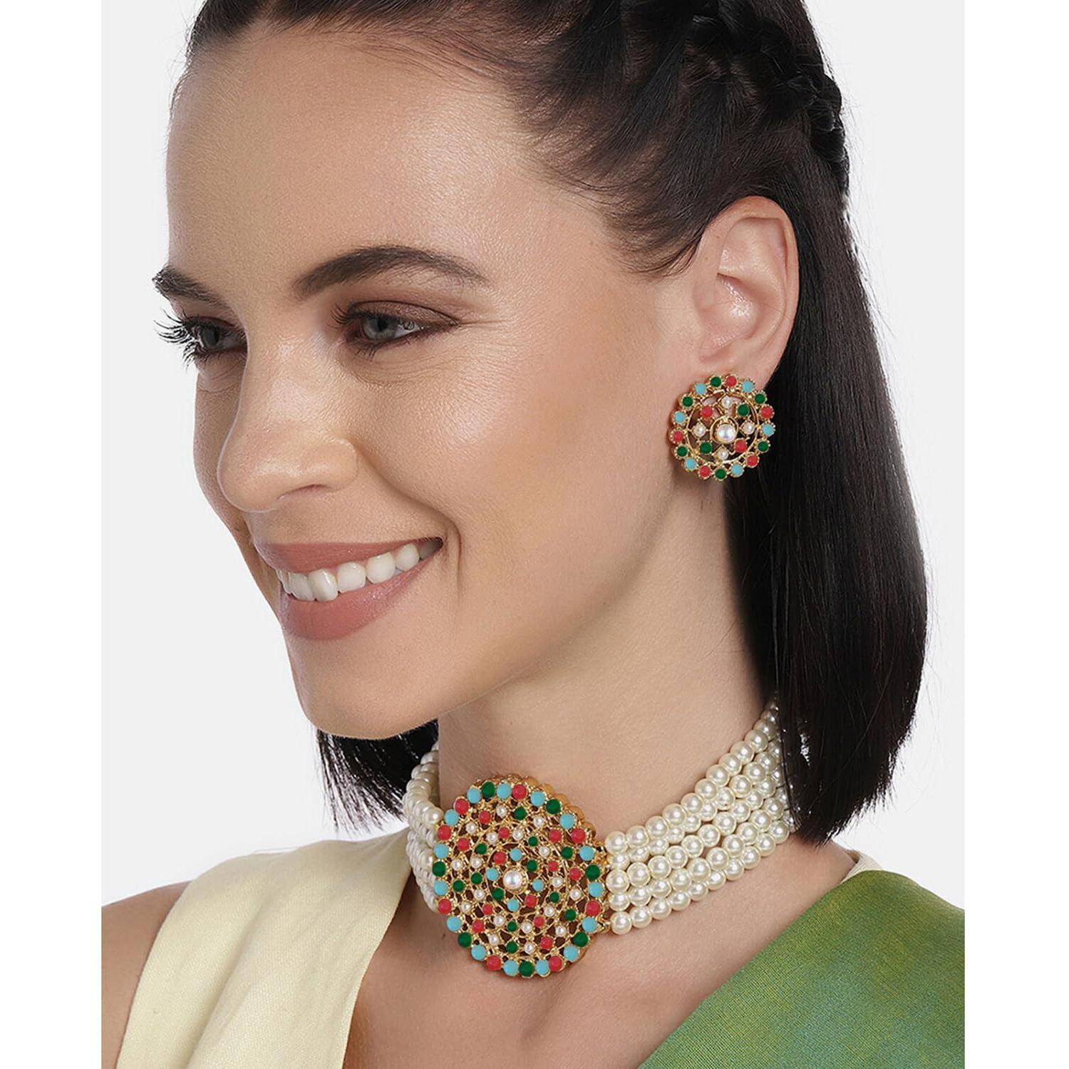 Peora Gold Plated Pearl Diamond Kundan Choker Necklace with Round Earrings Traditional Jewellery Set (White-Multi) For Womens