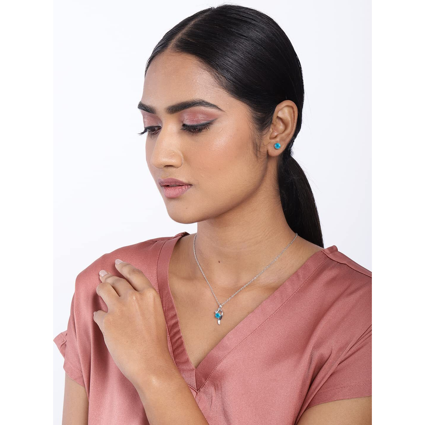 Peora Silver Cubic Zircon Pendant & Earrings Jewellery Set for Women & Girls(Sky Blue)