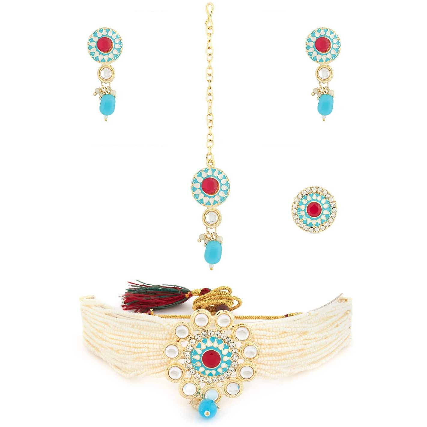 ZAVERI PEARLS Turquoise Meenakari Multistrand Pearls Choker Necklace Earring Maangtikka & Ring Set For Women-ZPFK13536