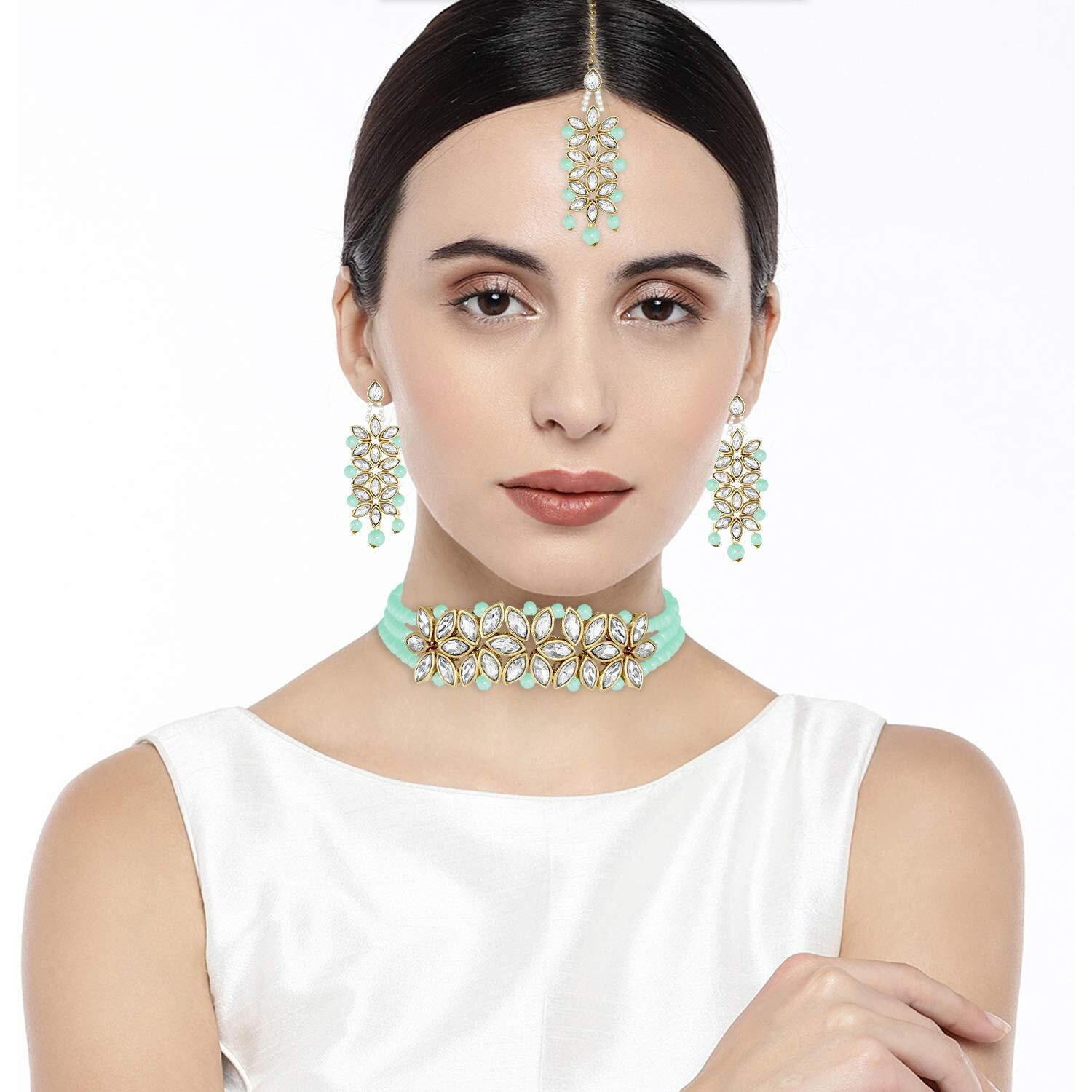 Peora Gold Plated Pearl Kundan Choker Necklace with Earring Maang Tikka Traditional Ethnic Bridal Jewellery Set for Women