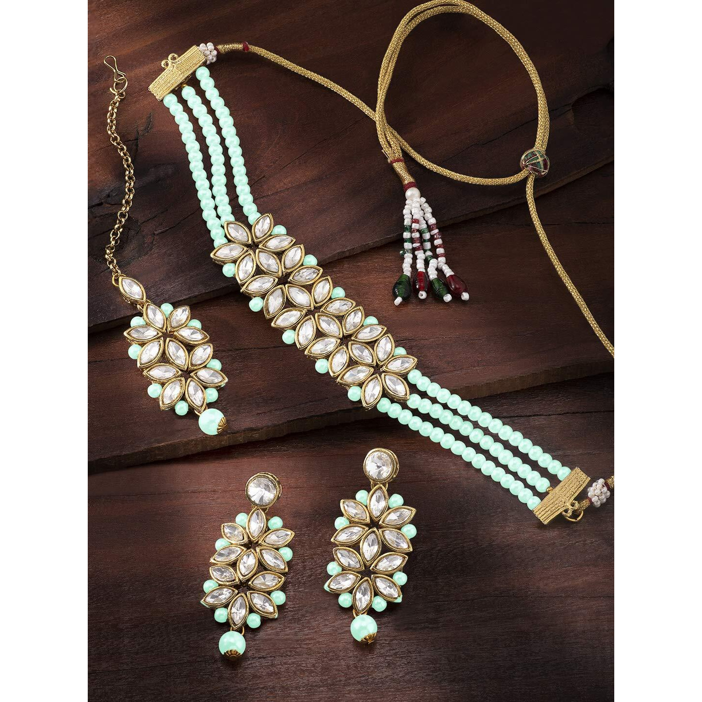 Peora Gold Plated Pearl Kundan Choker Necklace with Earring Maang Tikka Traditional Ethnic Bridal Jewellery Set for Women