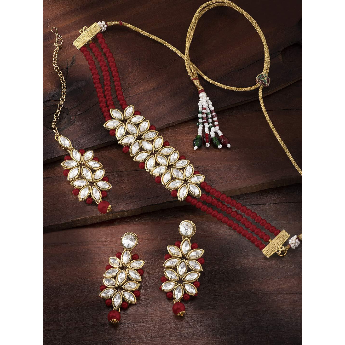 Peora Gold Plated Pearl Kundan Choker Necklace with Earring Maang Tikka Traditional Ethnic Bridal Jewellery Set for Women