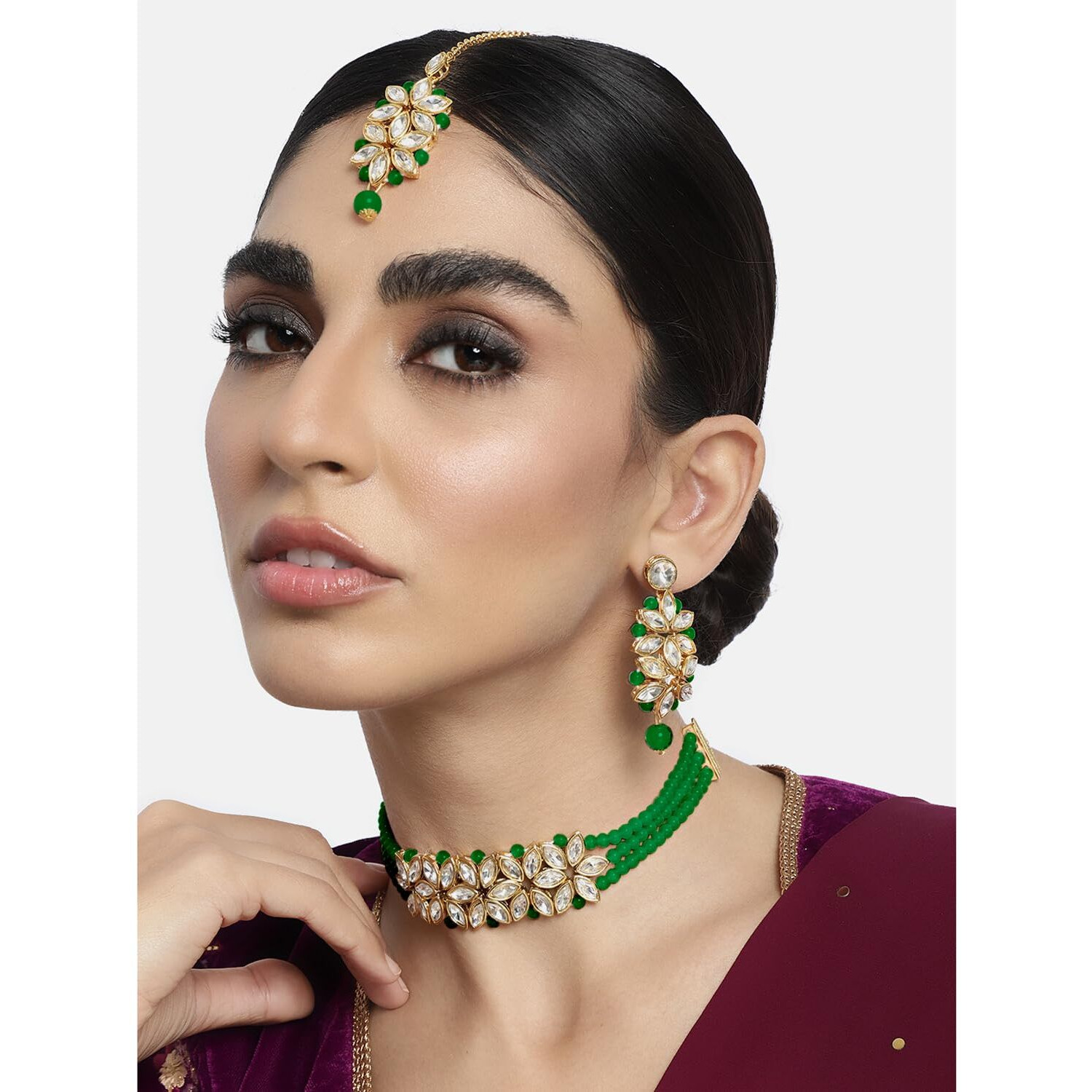 Peora Gold Plated Pearl Kundan Choker Necklace with Earring Maang Tikka Traditional Ethnic Bridal Jewellery Set for Women