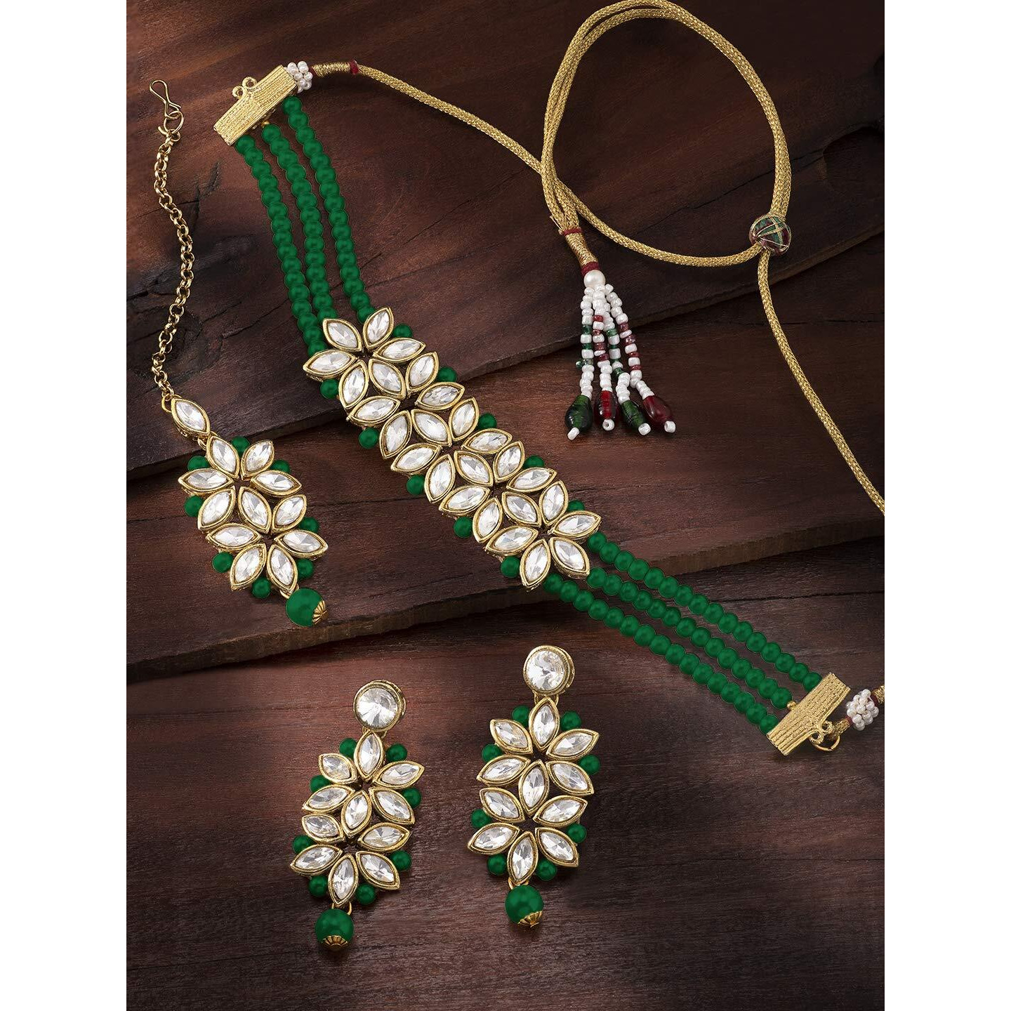 Peora Gold Plated Pearl Kundan Choker Necklace with Earring Maang Tikka Traditional Ethnic Bridal Jewellery Set for Women