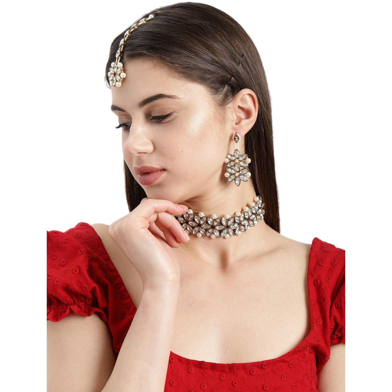 ZAVERI PEARLS Combo of 2 Gold Tone Kundan & Pearl Traditional Choker Necklace Set For Women-ZPFK9056