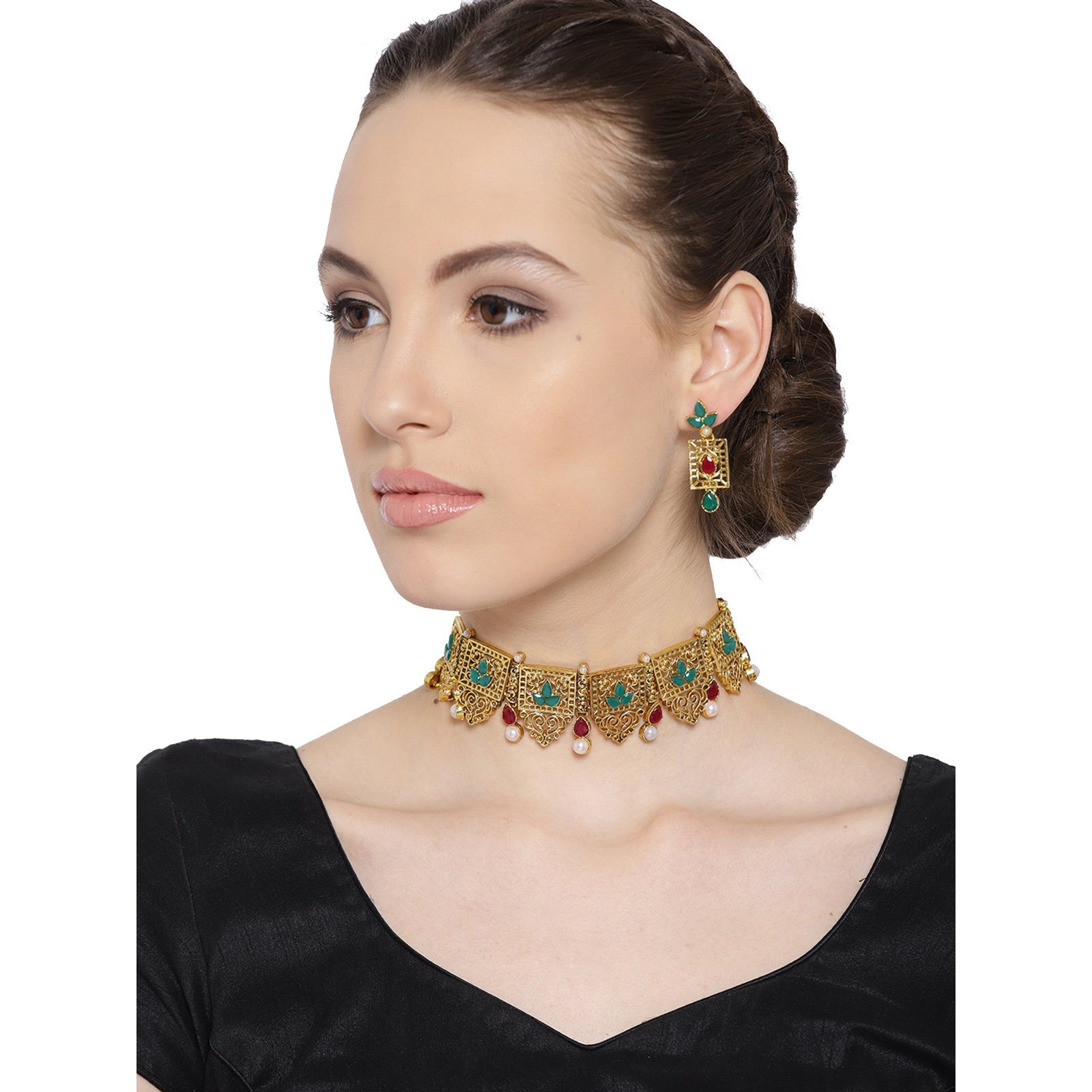 ZAVERI PEARLS Combo of 2 Gold Tone Kundan & Pearl Traditional Choker Necklace Set For Women-ZPFK9056