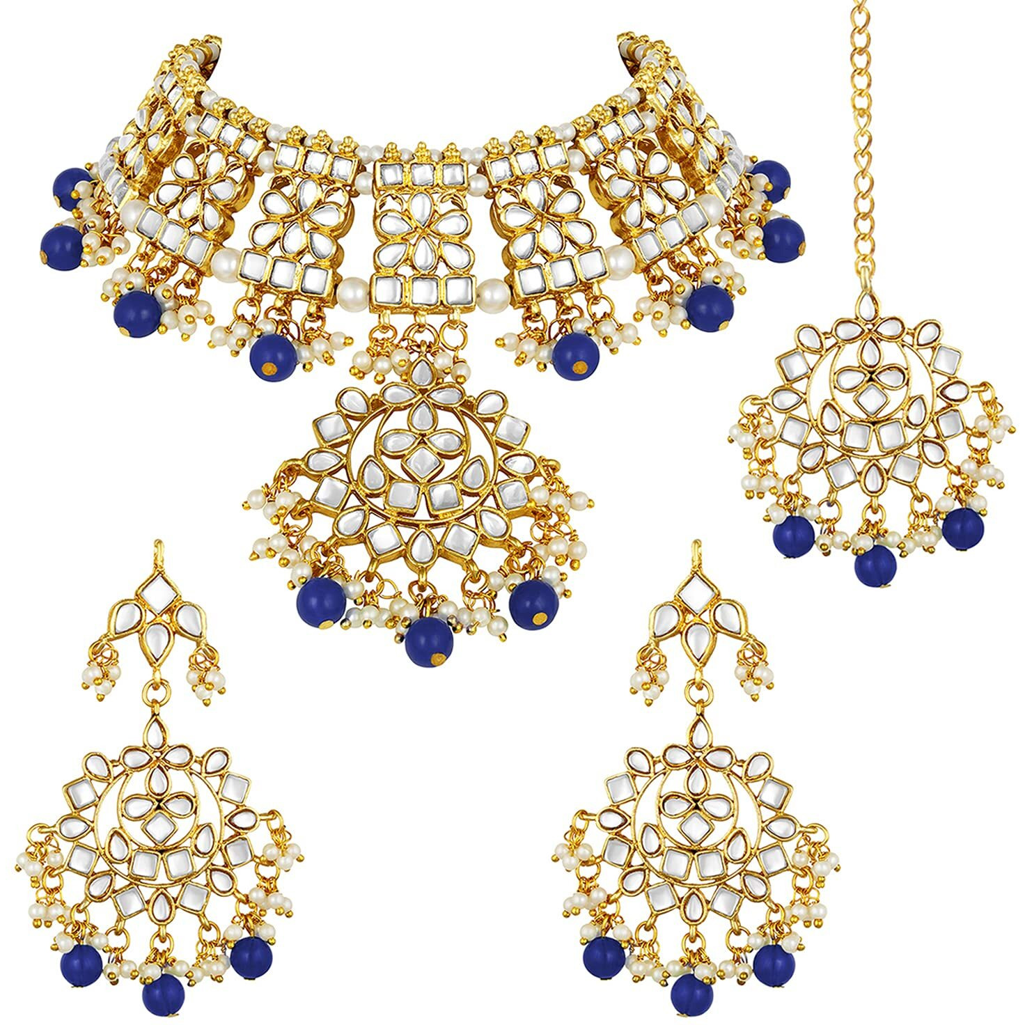 Peora Gold Plated Traditional Kundan Long Necklace Jewellery Set with Earring Maang Tikka for Women Girls (Blue)