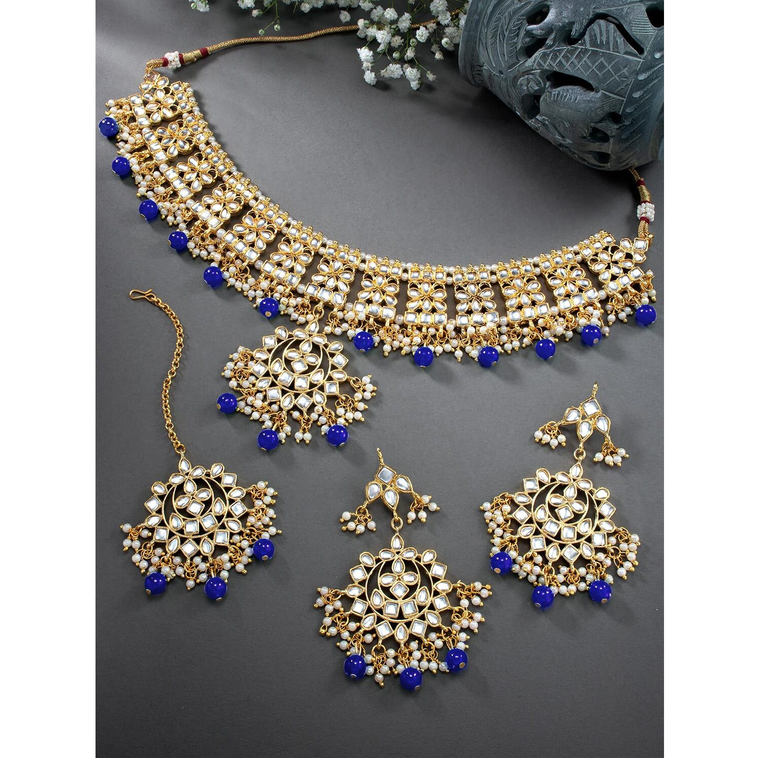 Peora Gold Plated Traditional Kundan Long Necklace Jewellery Set with Earring Maang Tikka for Women Girls (Blue)