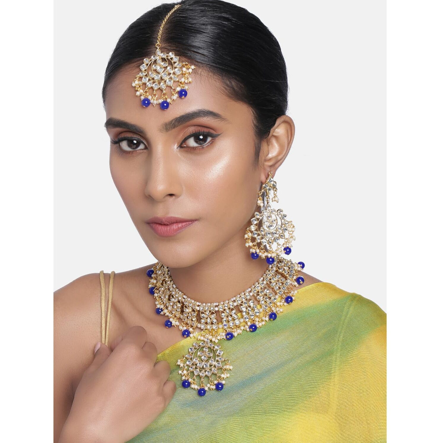 Peora Gold Plated Traditional Kundan Long Necklace Jewellery Set with Earring Maang Tikka for Women Girls (Blue)