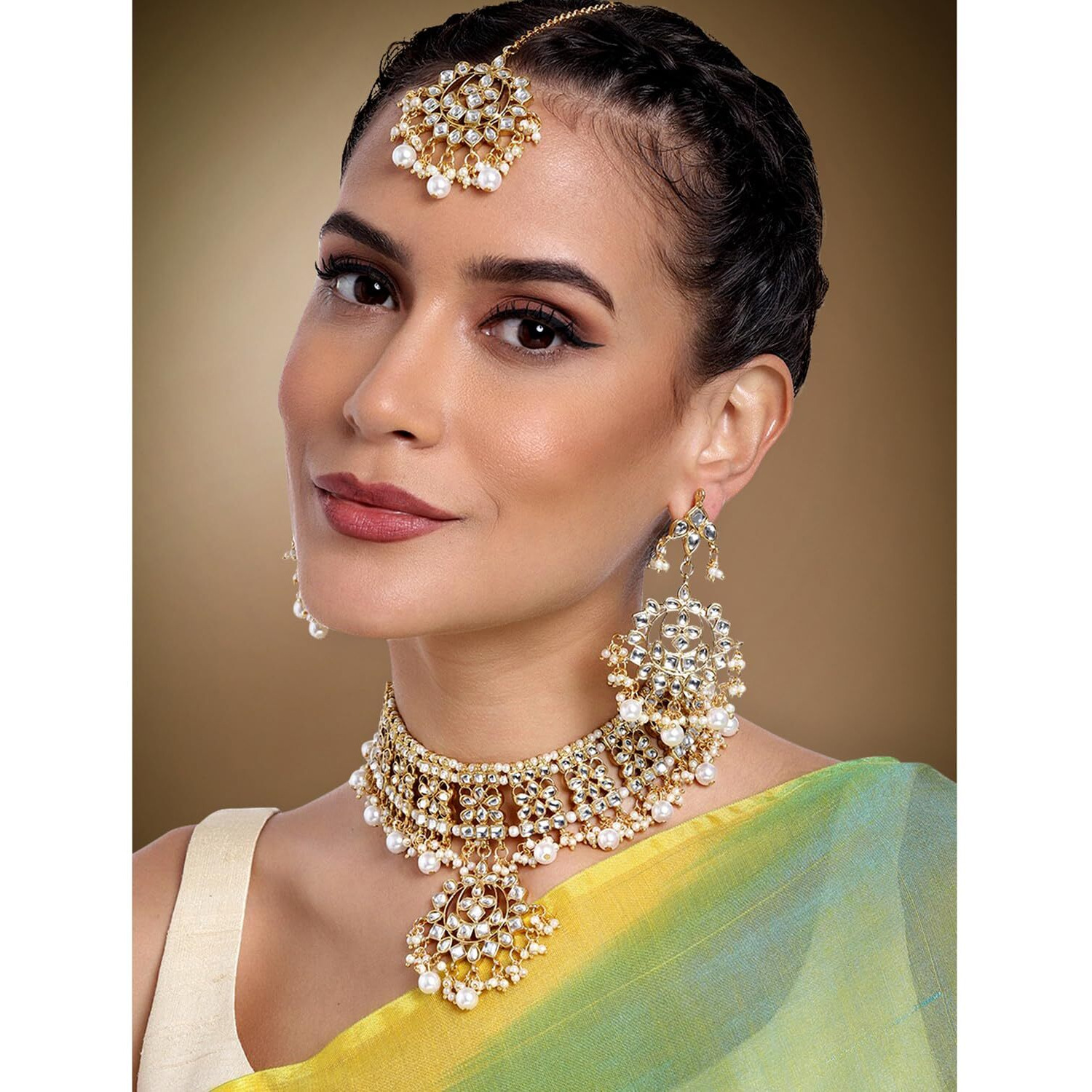 Peora Traditional 18K Gold Plated Kundan Choker Necklace Earring & Maang Tikka Set for Women Girls