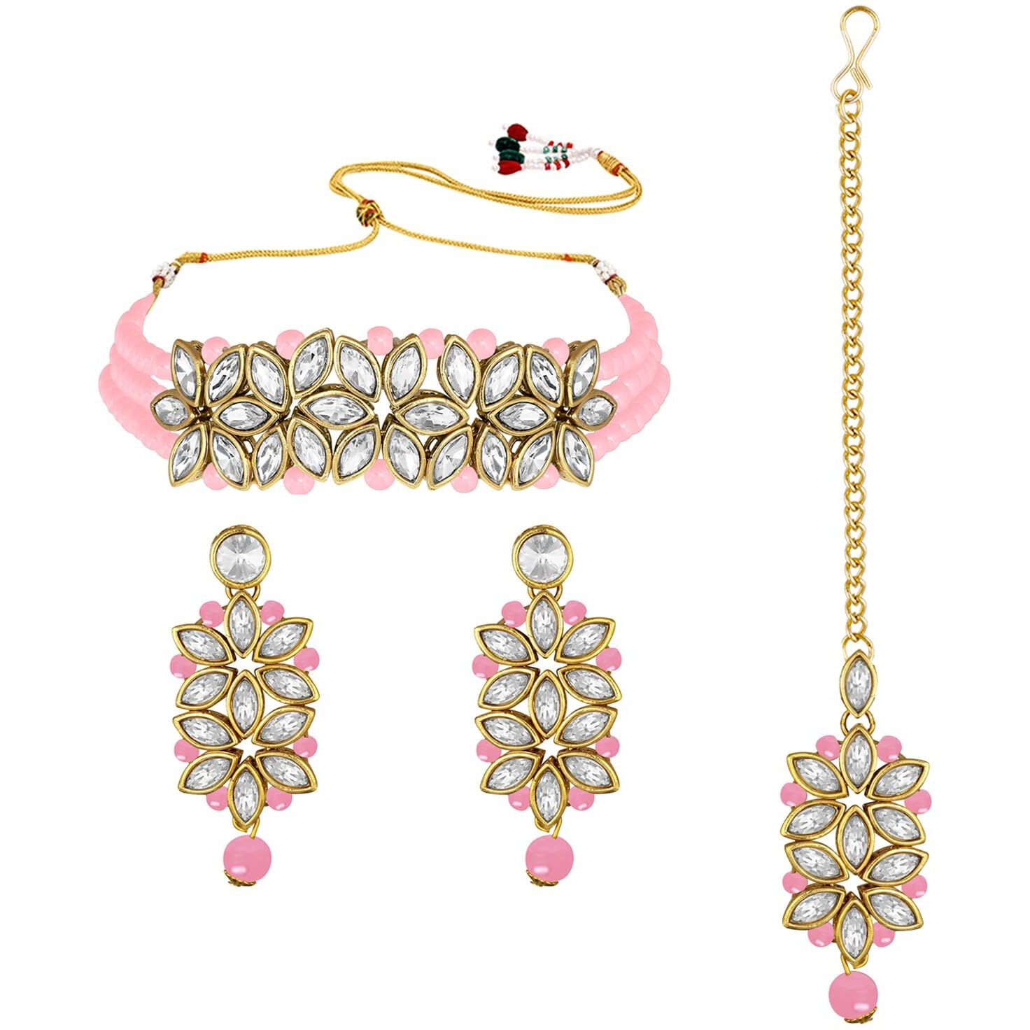 Peora Gold Plated Pearl Kundan Choker Necklace with Earring Maang Tikka Traditional Ethnic Bridal Jewellery Set for Women