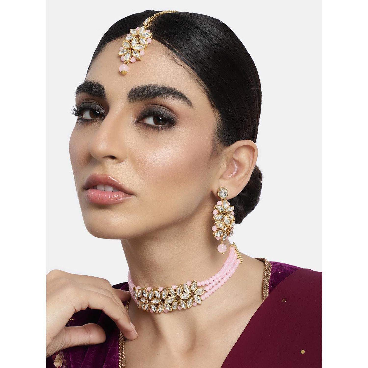 Peora Gold Plated Pearl Kundan Choker Necklace with Earring Maang Tikka Traditional Ethnic Bridal Jewellery Set for Women