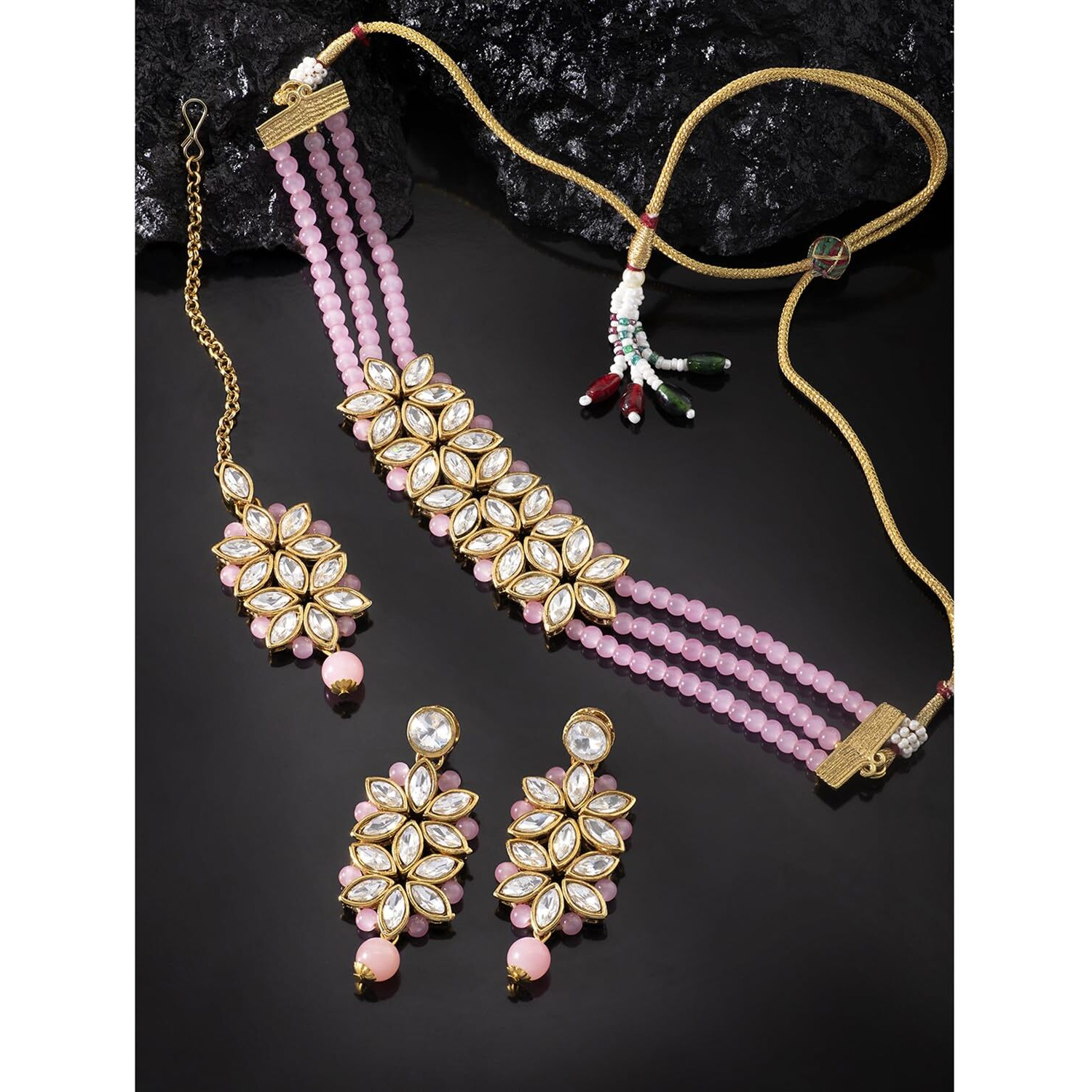 Peora Gold Plated Pearl Kundan Choker Necklace with Earring Maang Tikka Traditional Ethnic Bridal Jewellery Set for Women