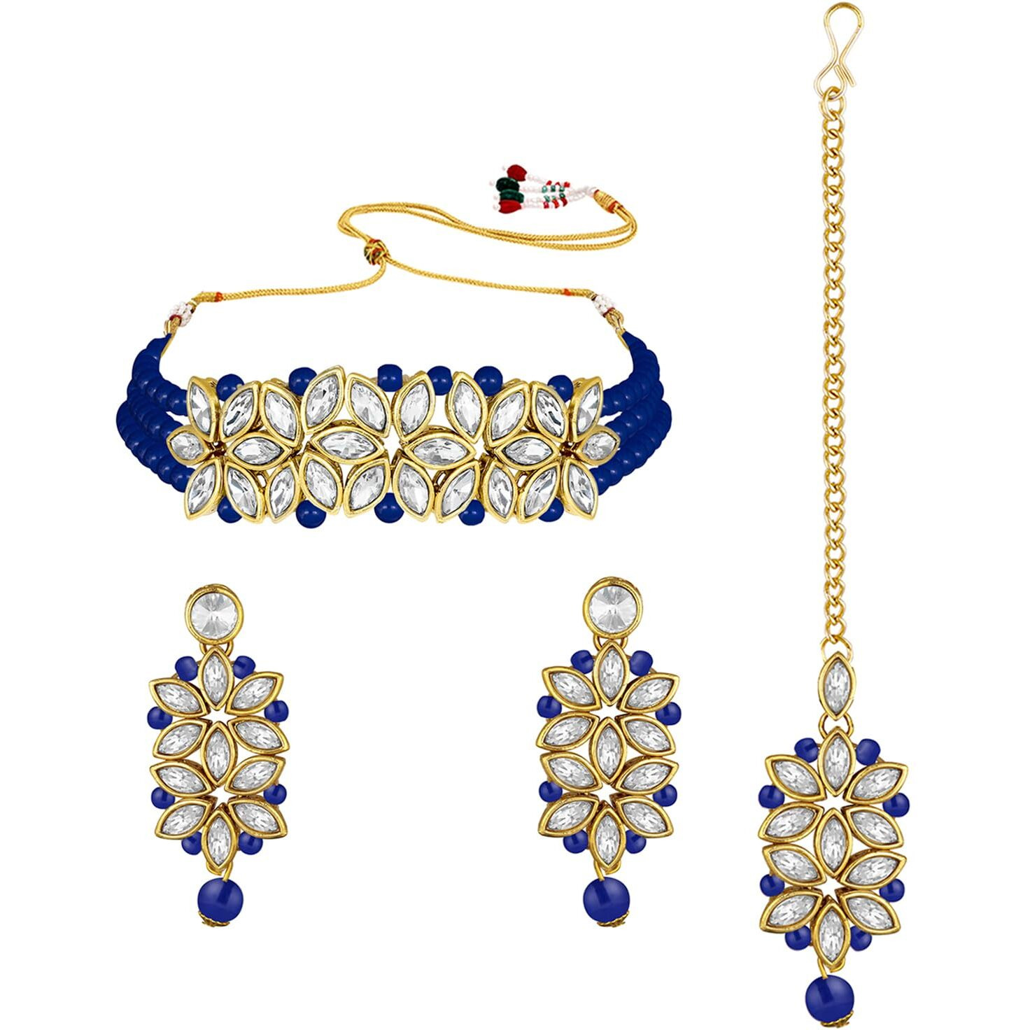 Peora Gold Plated Pearl Kundan Choker Necklace with Earring Maang Tikka Traditional Ethnic Bridal Jewellery Set for Women