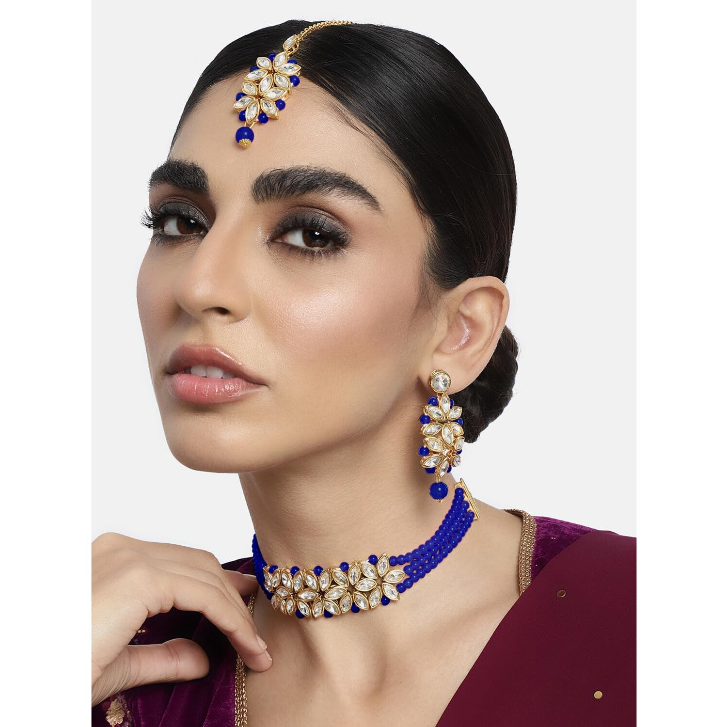 Peora Gold Plated Pearl Kundan Choker Necklace with Earring Maang Tikka Traditional Ethnic Bridal Jewellery Set for Women