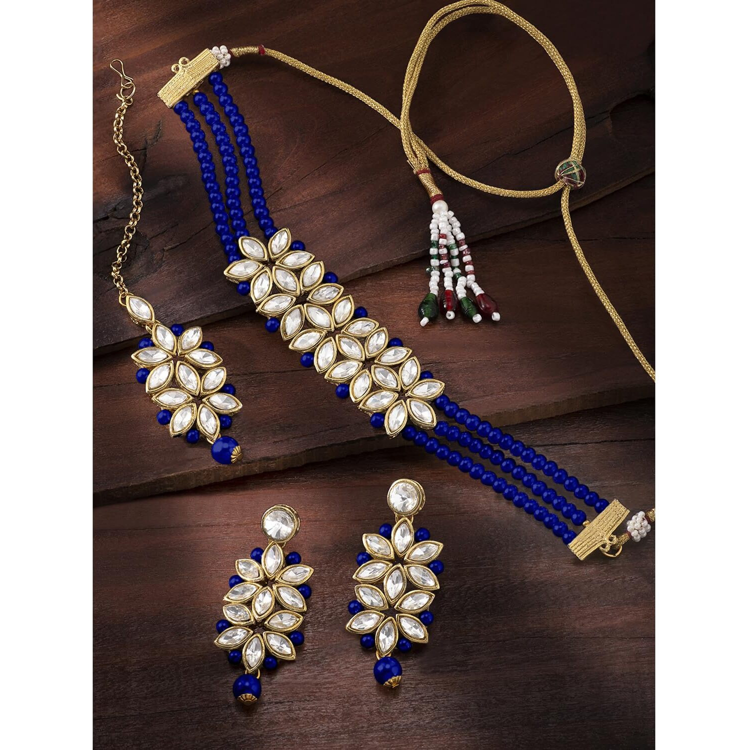 Peora Gold Plated Pearl Kundan Choker Necklace with Earring Maang Tikka Traditional Ethnic Bridal Jewellery Set for Women